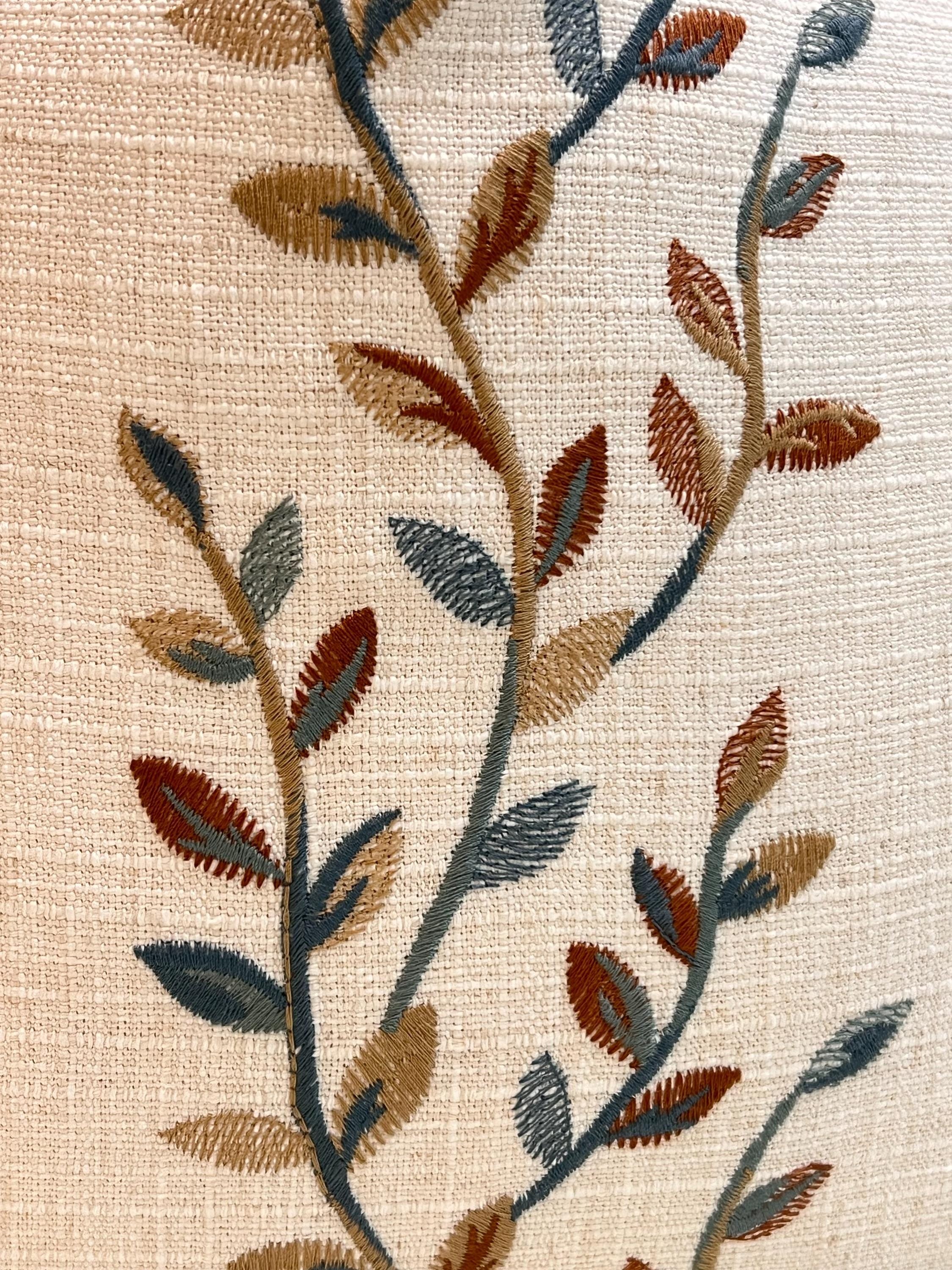Botanical Embroidered Cushion Cover, Leaf Embroidery Linen Pillow Cover, Neutral Toned Pillow Cover,  Linen Decorative Pillow Cover
