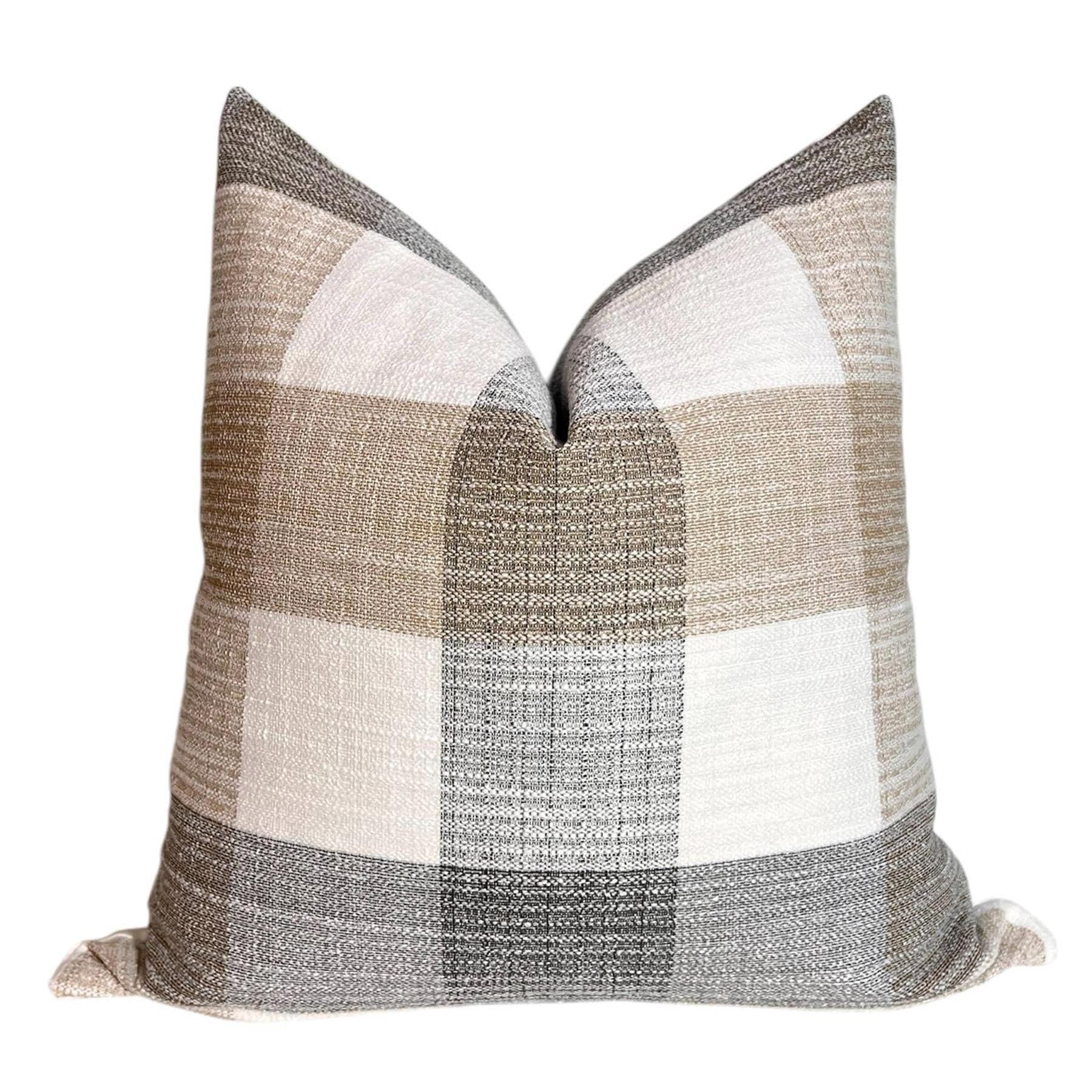 Plaid Linen Pillow Cover, Beige & Gray Buffalo Check Cushion
