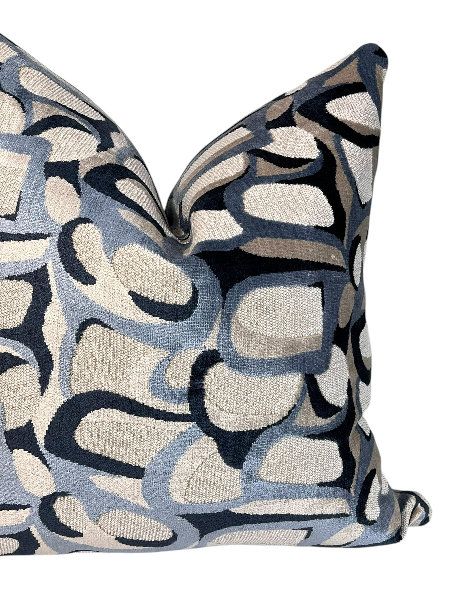 Abbey Cut Velvet Pillow Cover: Navy Beige Geometric Abstract