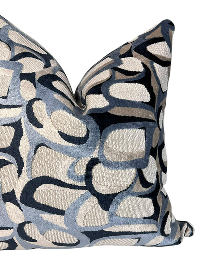 Abbey Cut Velvet Cushion, Geometric Velvet Cushion, Abstract Pattern Pillow Cover, Contemporary Throw Pillow, Navy and beige Pillow