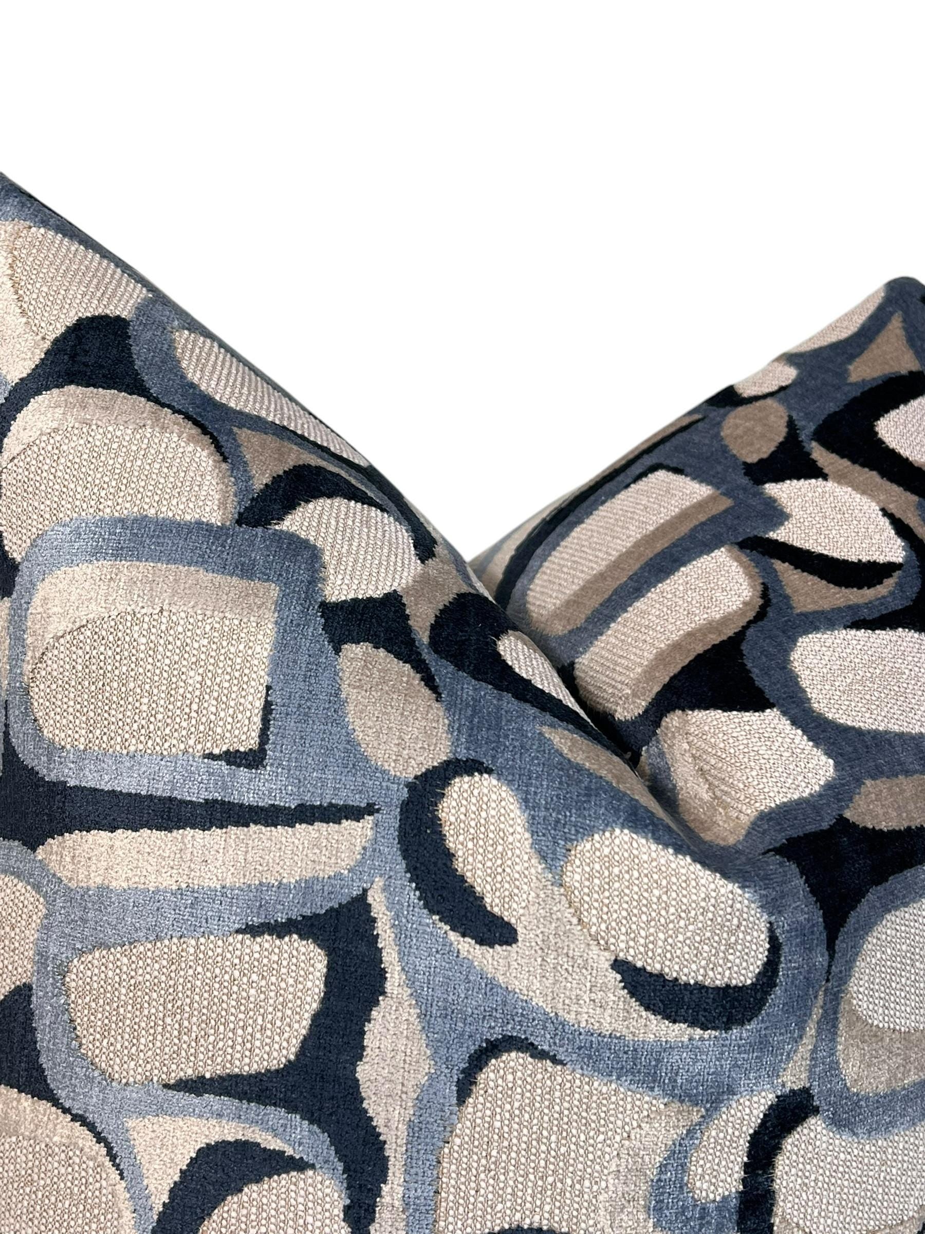 Abbey Cut Velvet Pillow Cover: Navy Beige Geometric Abstract