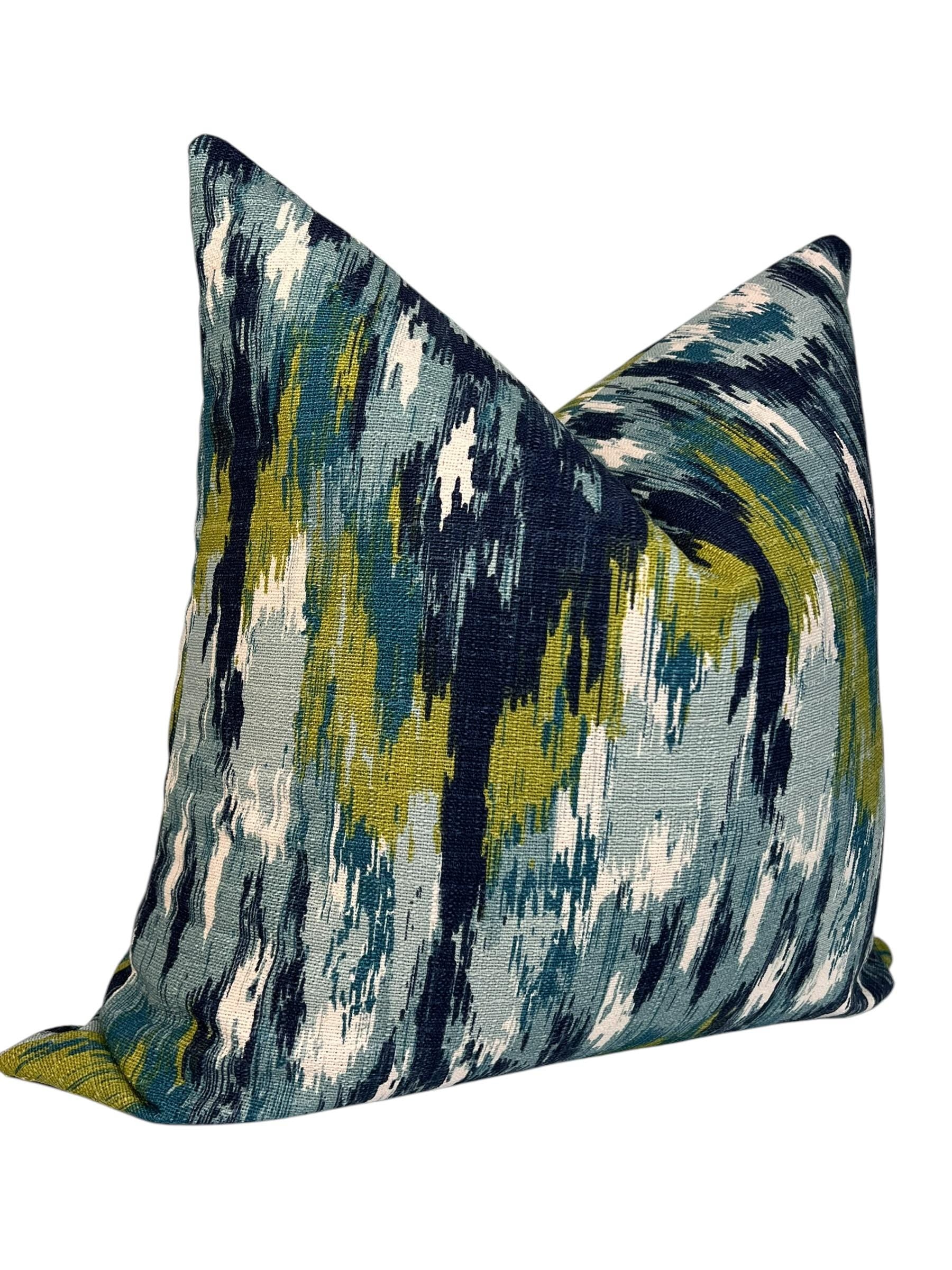 Blue Ikat Throw Pillow Cover, Abstract Design, Handmade in USA