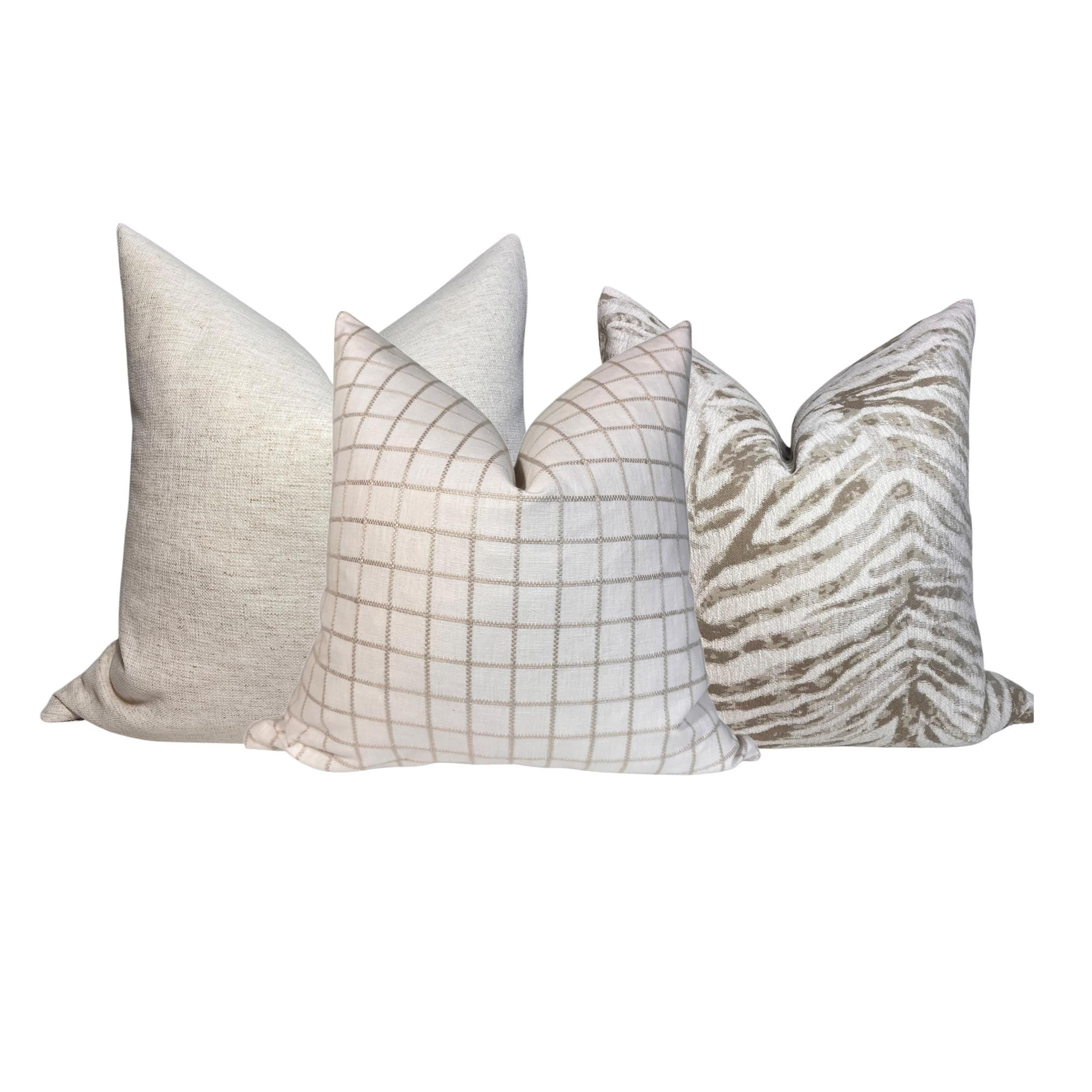 Neutral Throw Pillow Cover Set, Beige Textured Cushions, USA Handcrafted