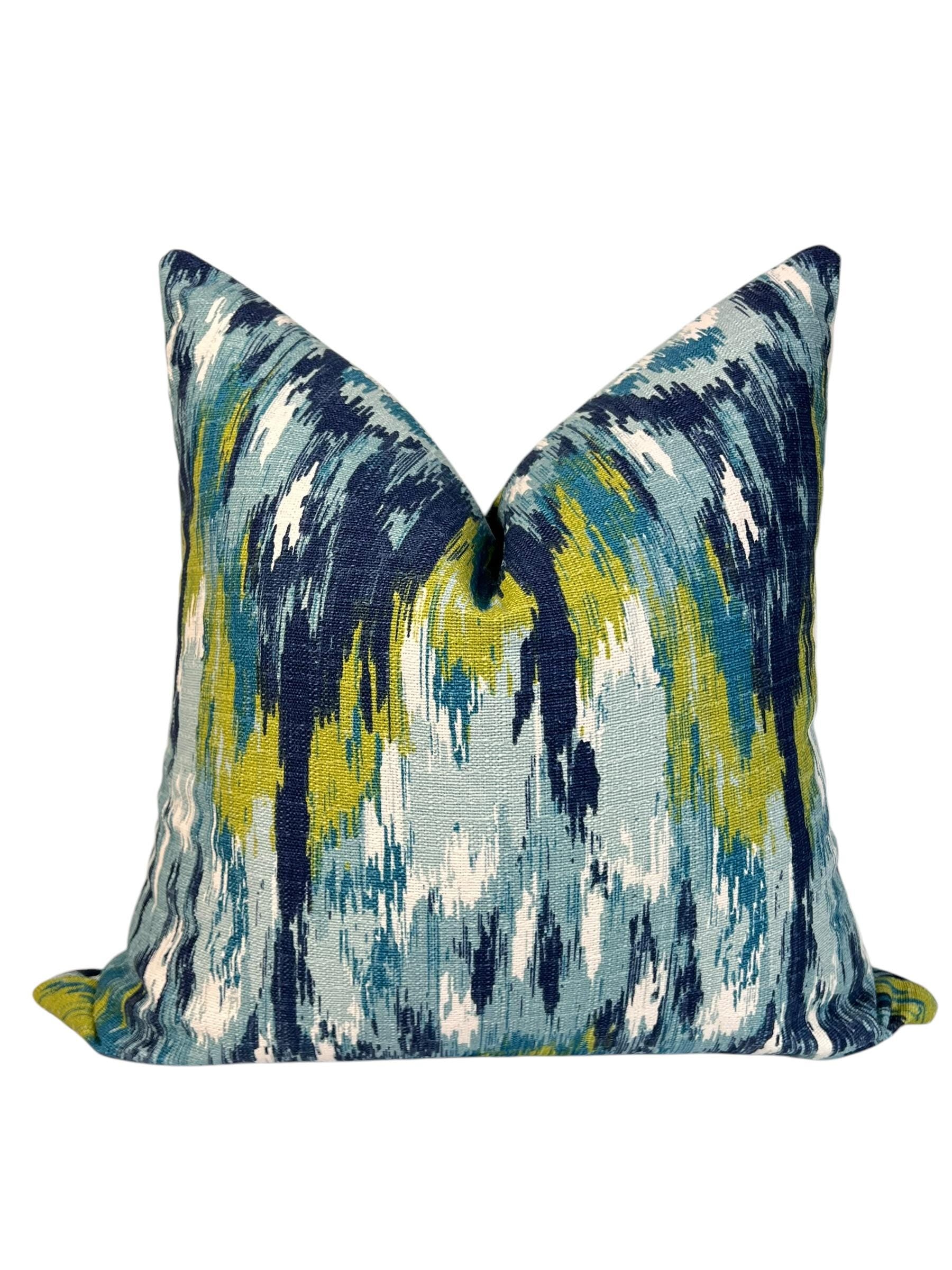 Blue Ikat Throw Pillow Cover, Abstract Design, Handmade in USA
