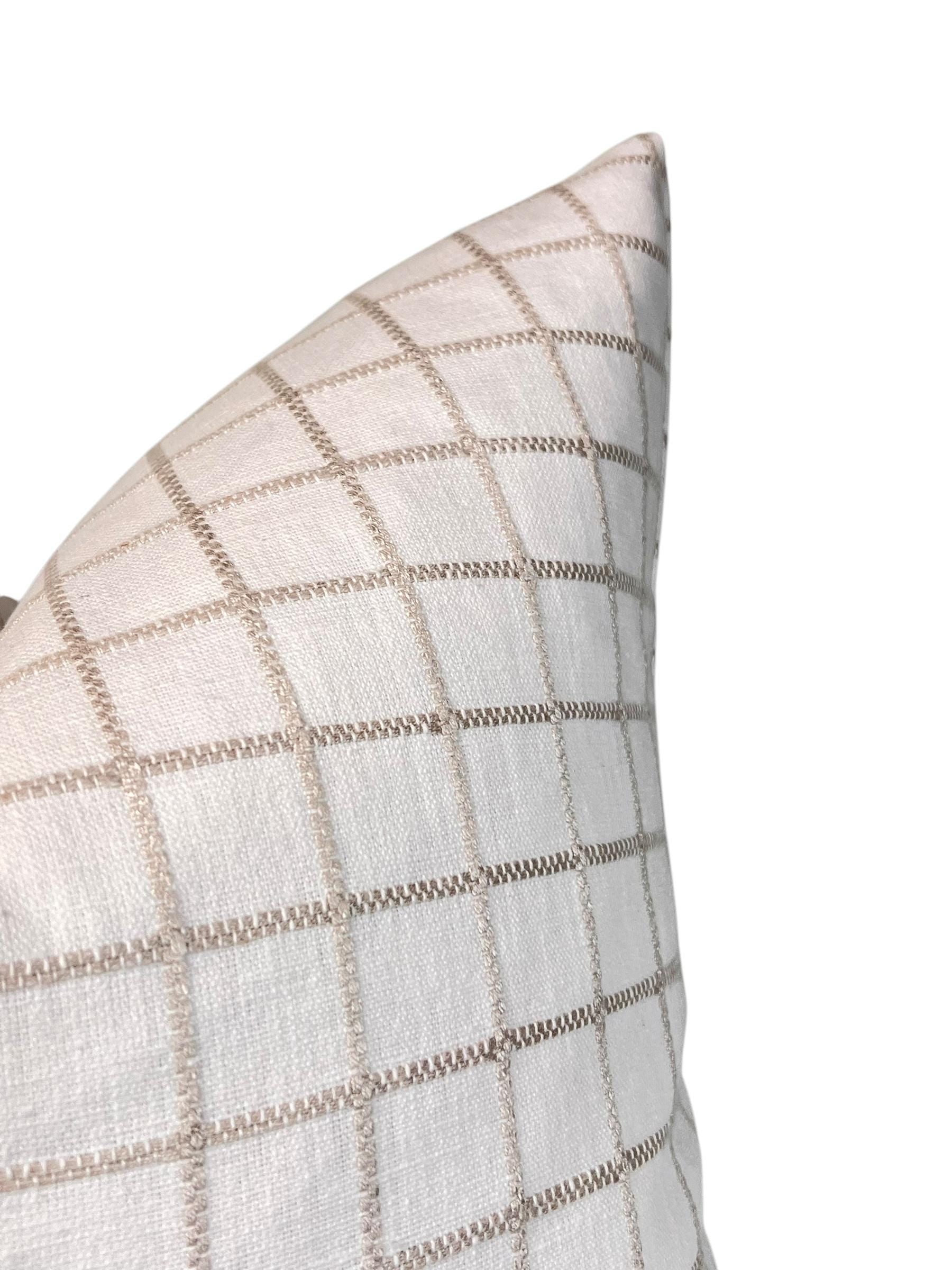 Handmade White Linen Plaid Pillow Cover, Farmhouse Decor