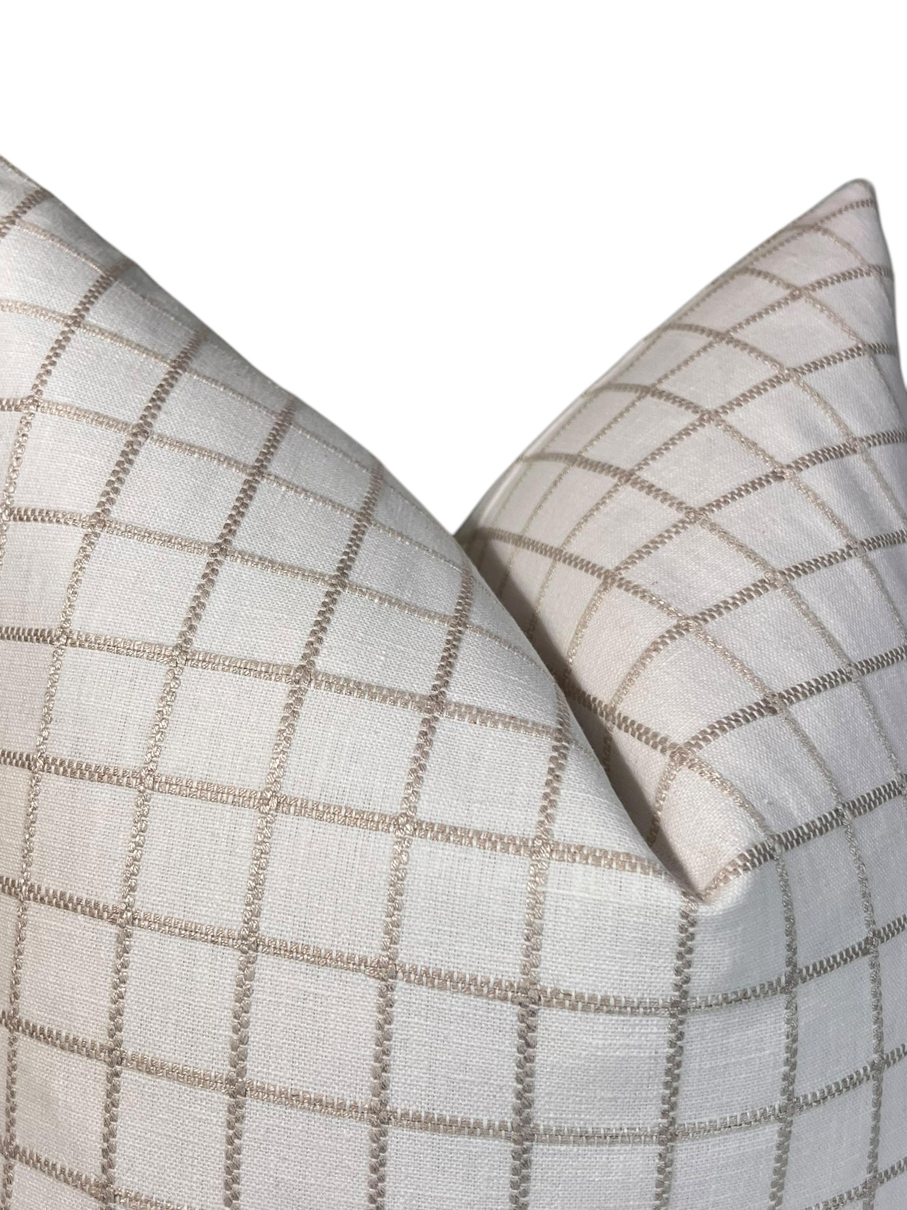 Handmade White Linen Plaid Pillow Cover, Farmhouse Decor