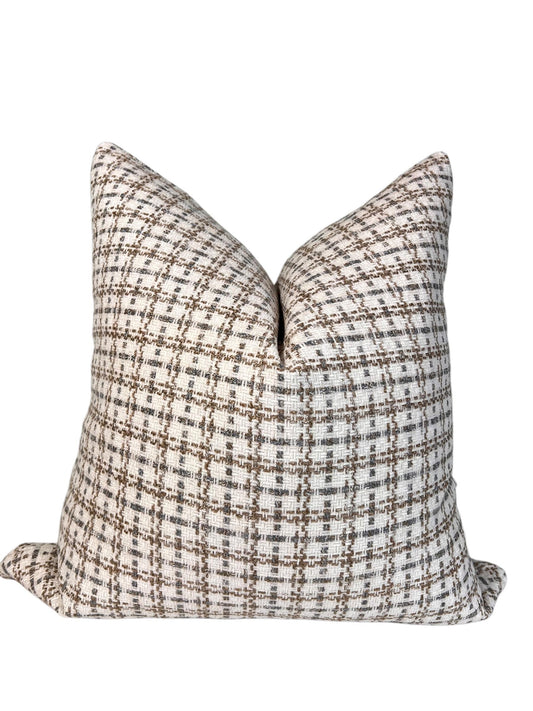 Papyrus Checkered Throw Pillow, Plaid Pattern Pillow, Brown White Plaid Cushion, Basketweave Woven Pillow, Neutral Textured Pillow Cover