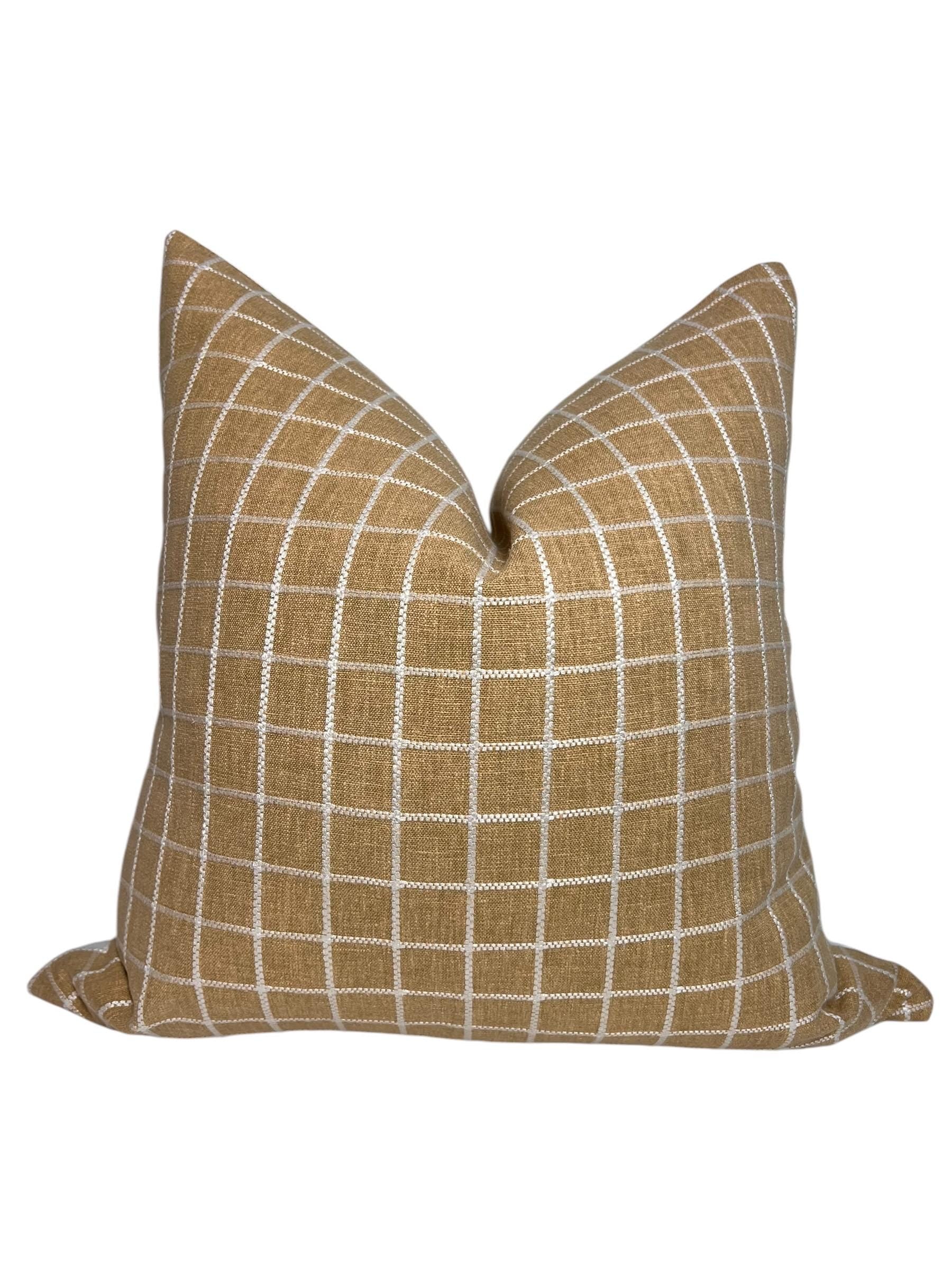 Handmade Beige Plaid Linen Pillow Cover, Farmhouse Decor