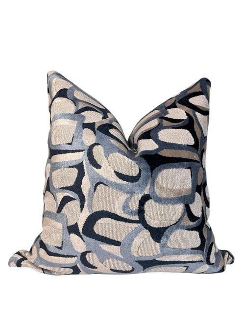 Abbey Cut Velvet Pillow Cover: Navy Beige Geometric Abstract