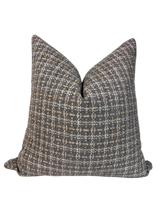 Graphite Checkered Throw Pillow, Plaid Pattern Pillow, Brown White Plaid Cushion, Basketweave Woven Pillow, Neutral Textured Pillow Cover