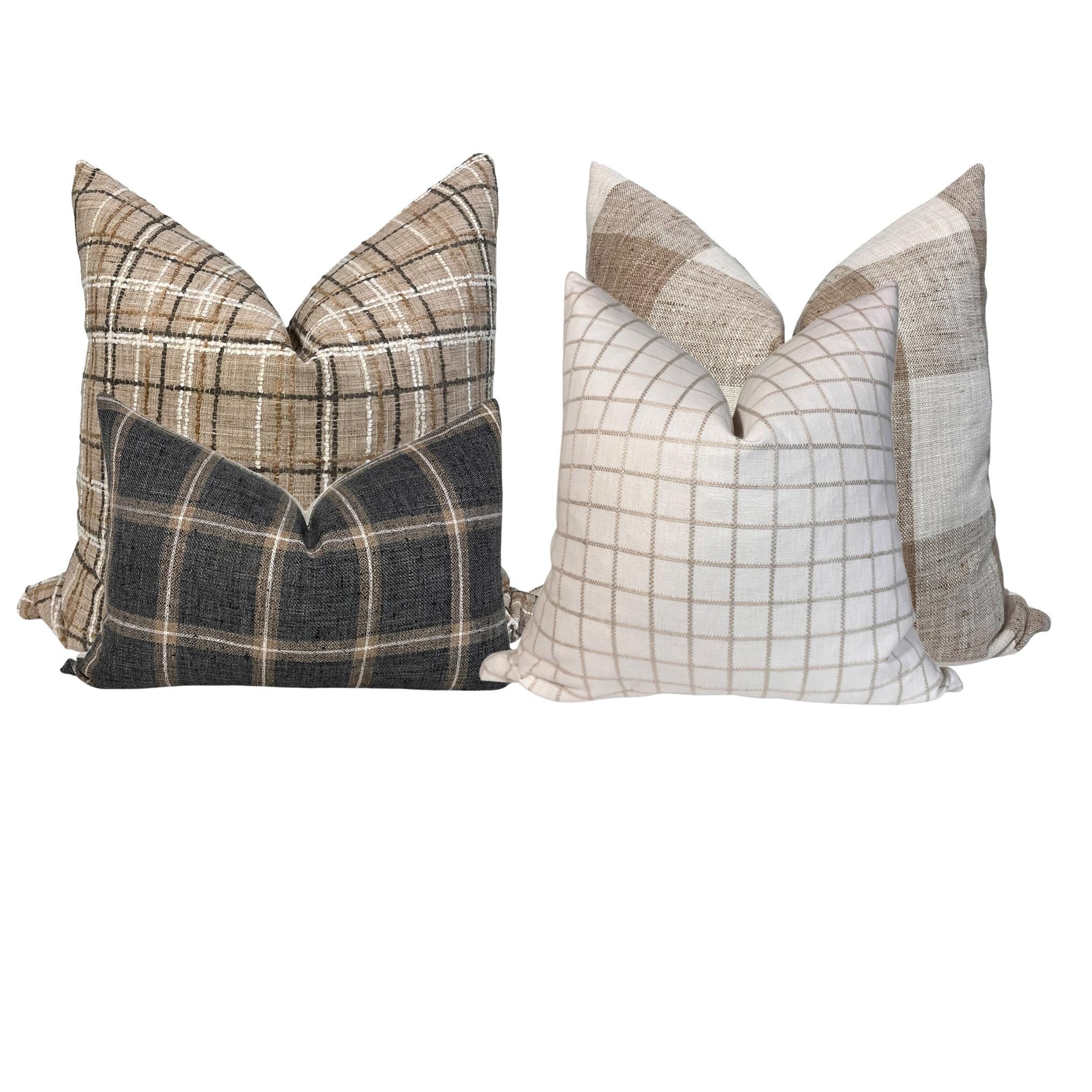 Plaid Pillow Set, Boho Textured cushions, Neutral decorative Pillow Cover Combo, Beige and cream pillows, Set of throw pillow Covers,