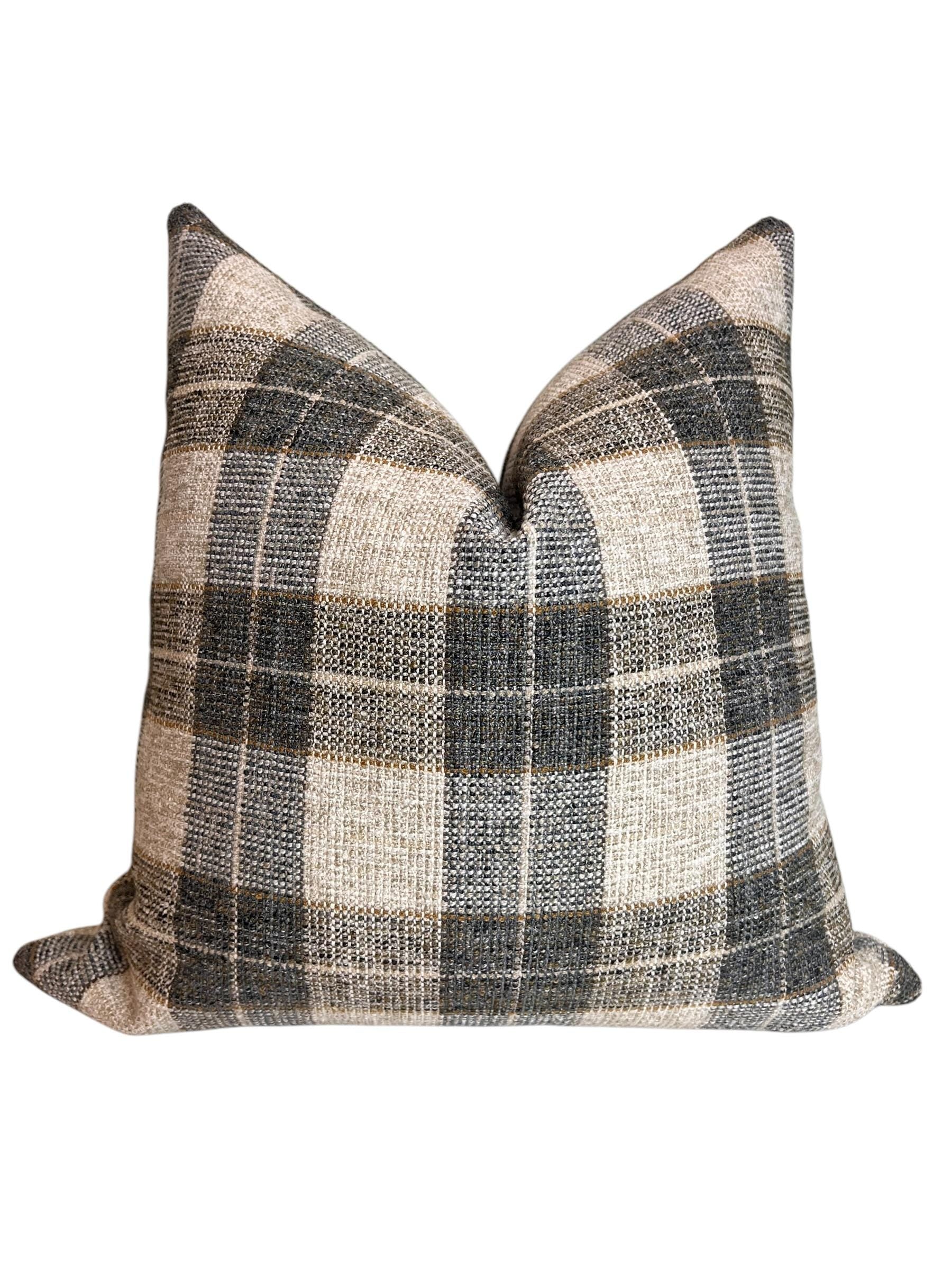 Neutral Beige Gray, Plaid Linen Pillow Cover, Farmhouse Cushion