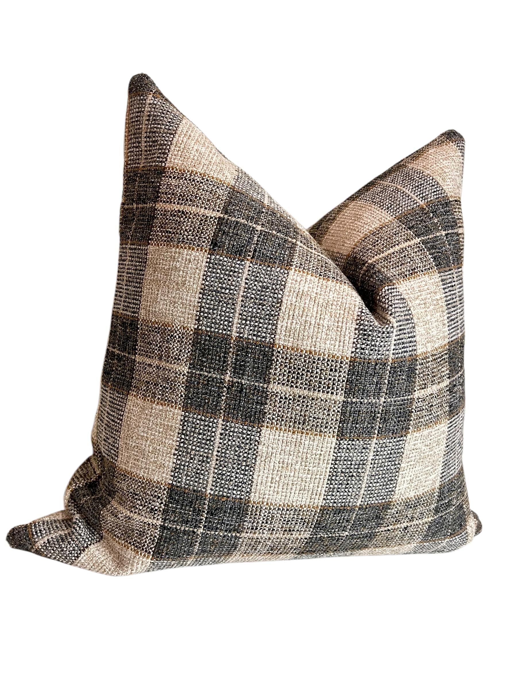 Neutral Beige Gray, Plaid Linen Pillow Cover, Farmhouse Cushion