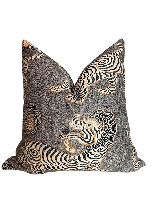 Tiger dragon Chinoiserie Pillow, Grey Katmandu Tibetan dragon Pillow Cover, Designer Pillow Cover, Oriental Tiger Pillow, Foo dog Pillow