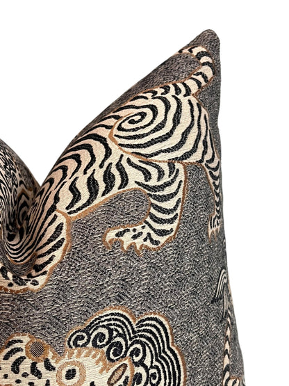 Tiger dragon Chinoiserie Pillow, Grey Katmandu Tibetan dragon Pillow Cover, Designer Pillow Cover, Oriental Tiger Pillow, Foo dog Pillow