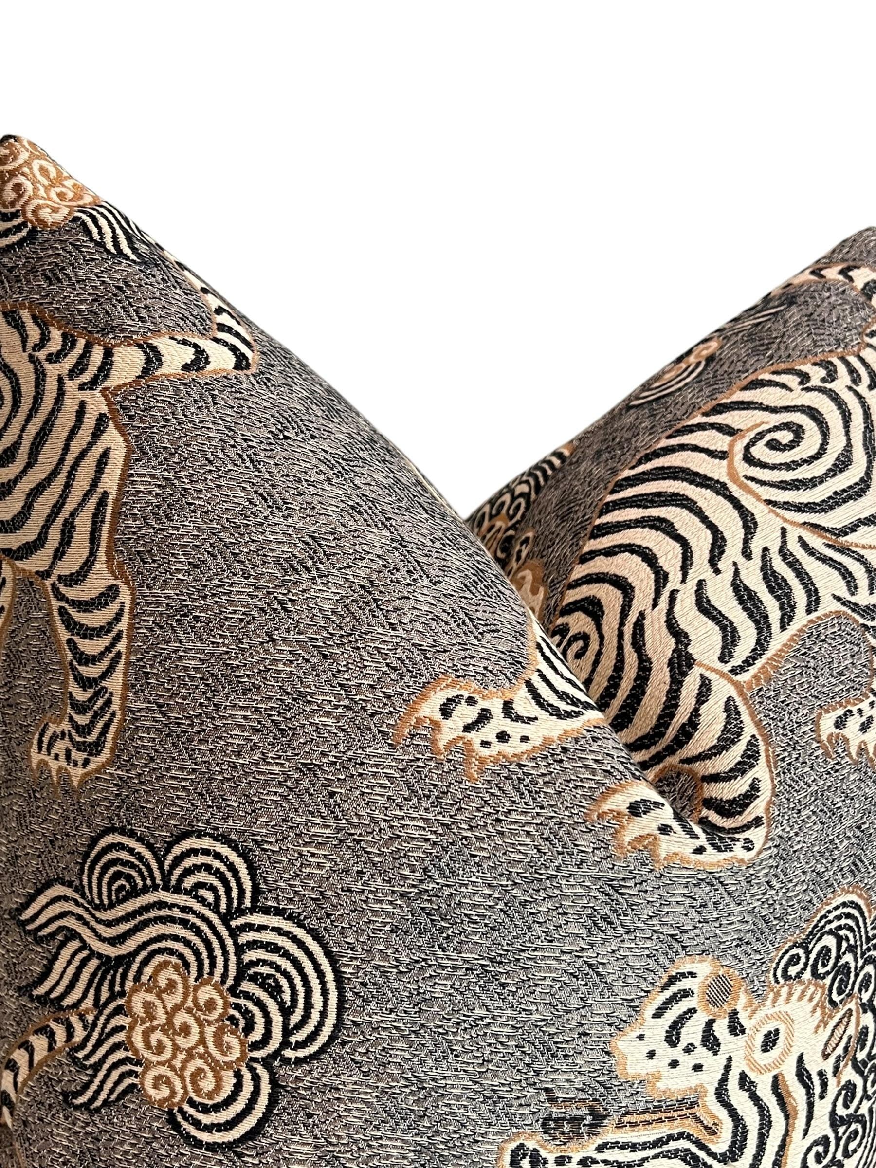 Tiger dragon Chinoiserie Pillow, Grey Katmandu Tibetan dragon Pillow Cover, Designer Pillow Cover, Oriental Tiger Pillow, Foo dog Pillow