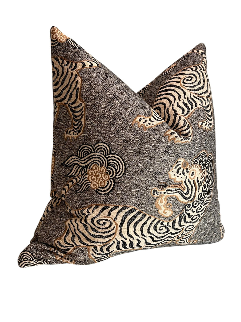 Tiger dragon Chinoiserie Pillow, Grey Katmandu Tibetan dragon Pillow Cover, Designer Pillow Cover, Oriental Tiger Pillow, Foo dog Pillow
