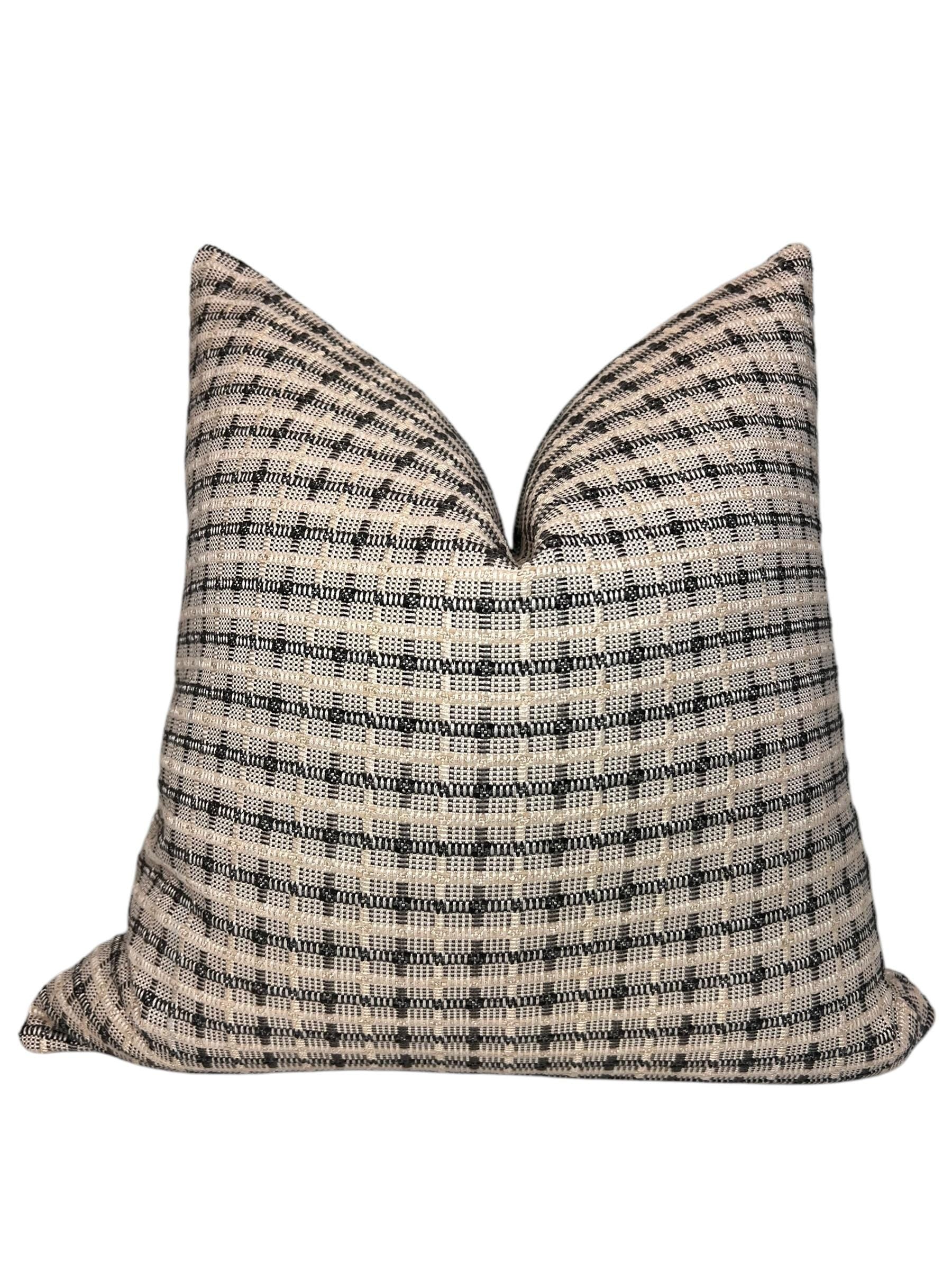 Handwoven Black and Beige Plaid Pillow Cover, Rustic Farmhouse Cushion