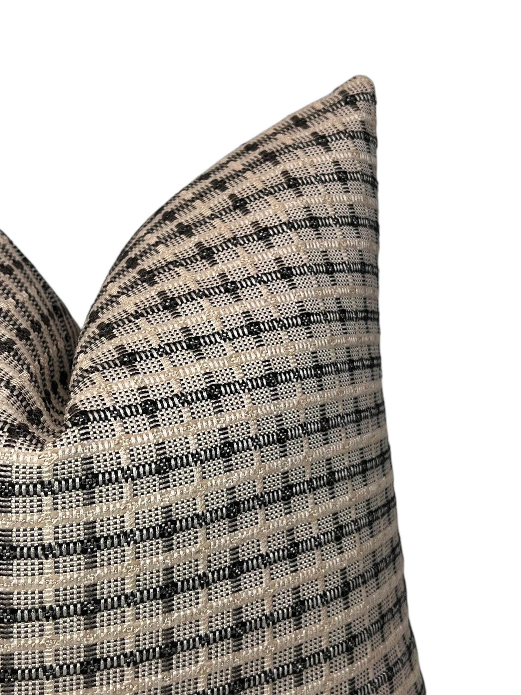Handwoven Black and Beige Plaid Pillow Cover, Rustic Farmhouse Cushion