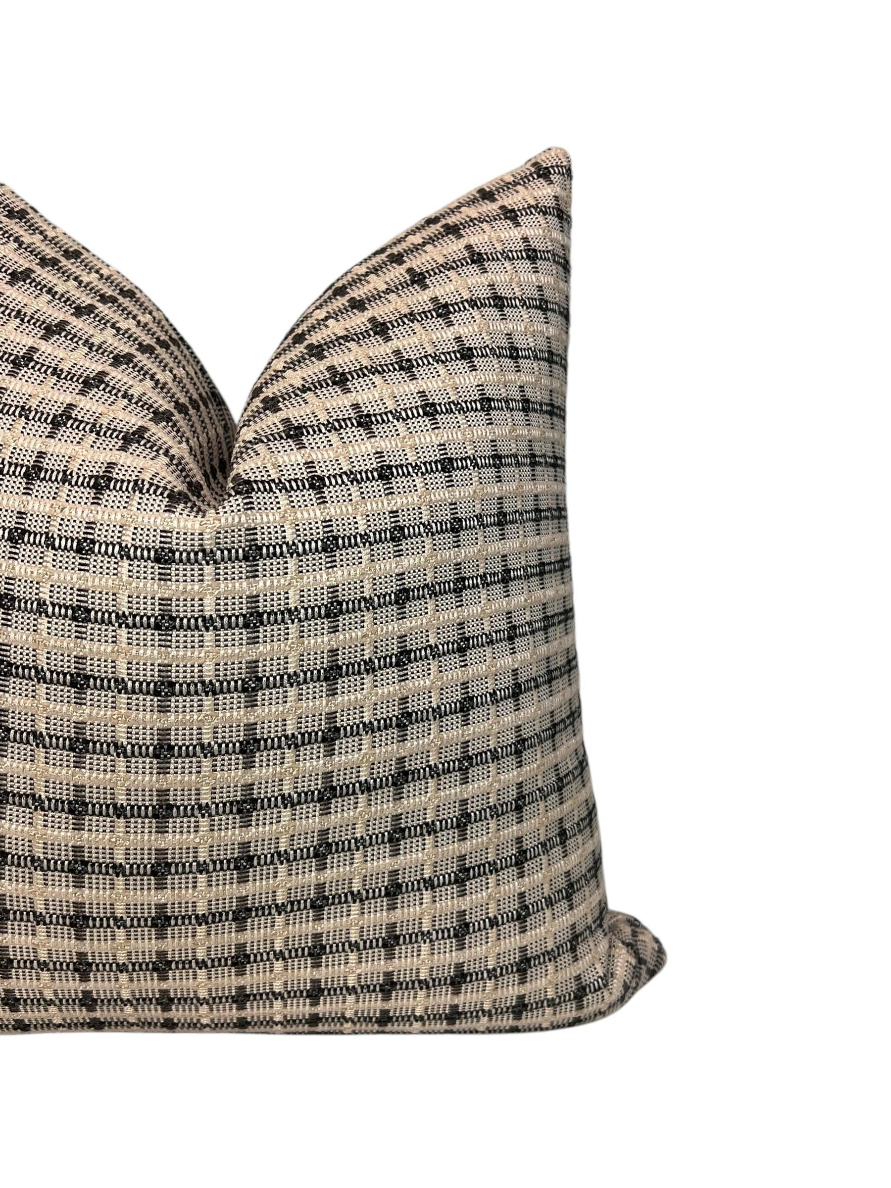 Handwoven Black and Beige Plaid Pillow Cover, Rustic Farmhouse Cushion