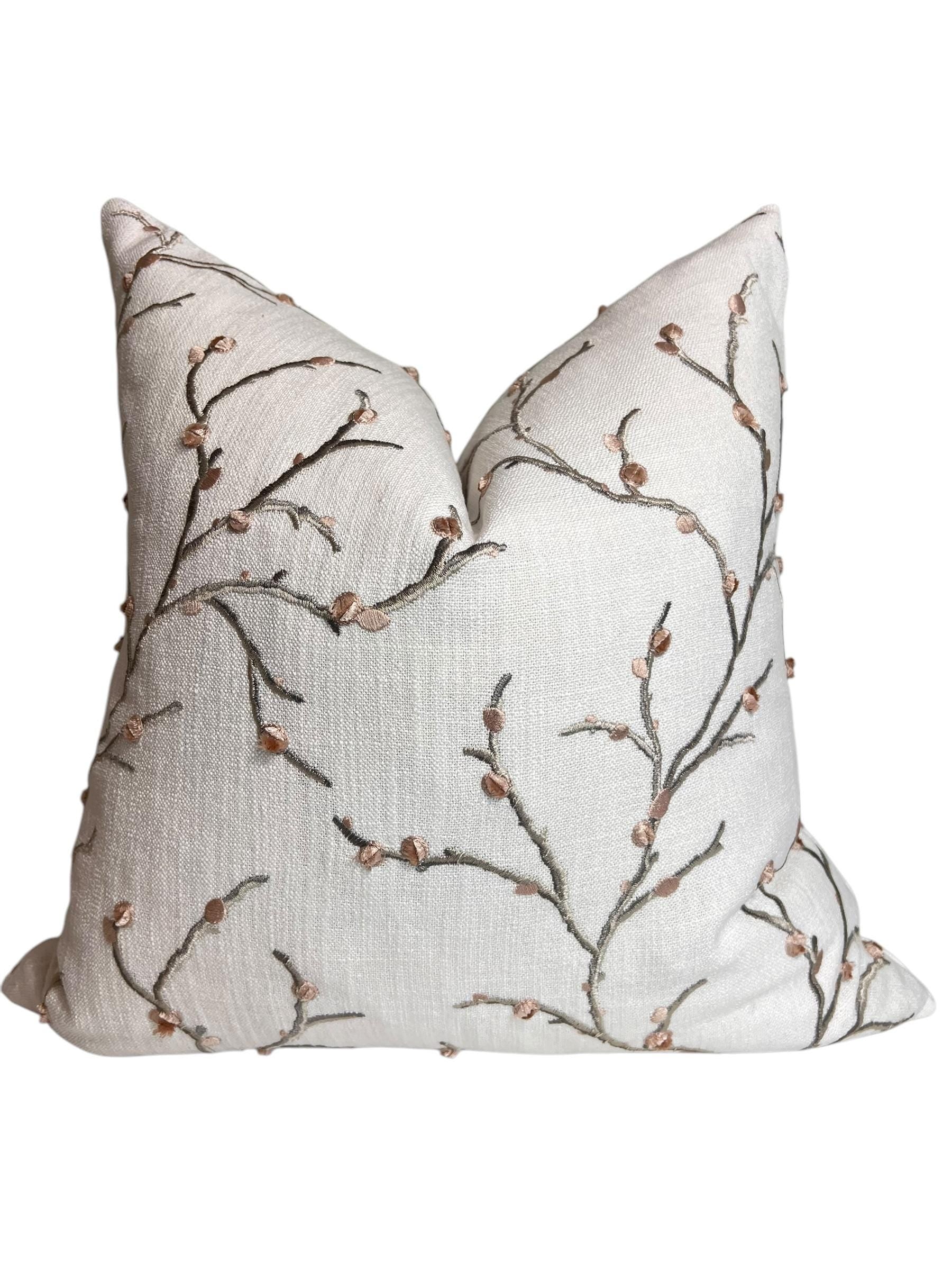 Embroidered Cherry Blossom Pillow Cover | Linen Blend Cushion, Handmade