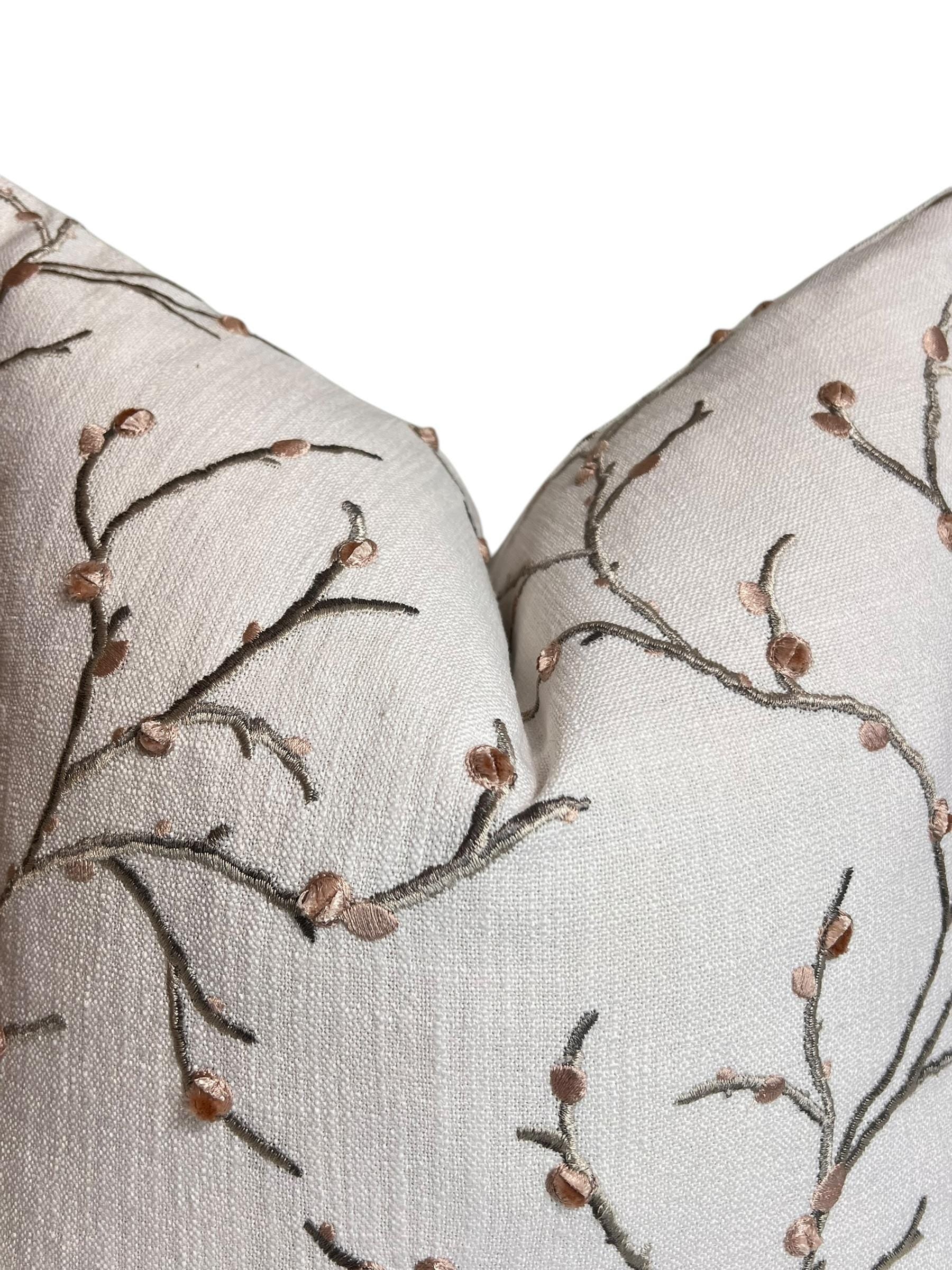 Embroidered Cherry Blossom Pillow Cover | Linen Blend Cushion, Handmade