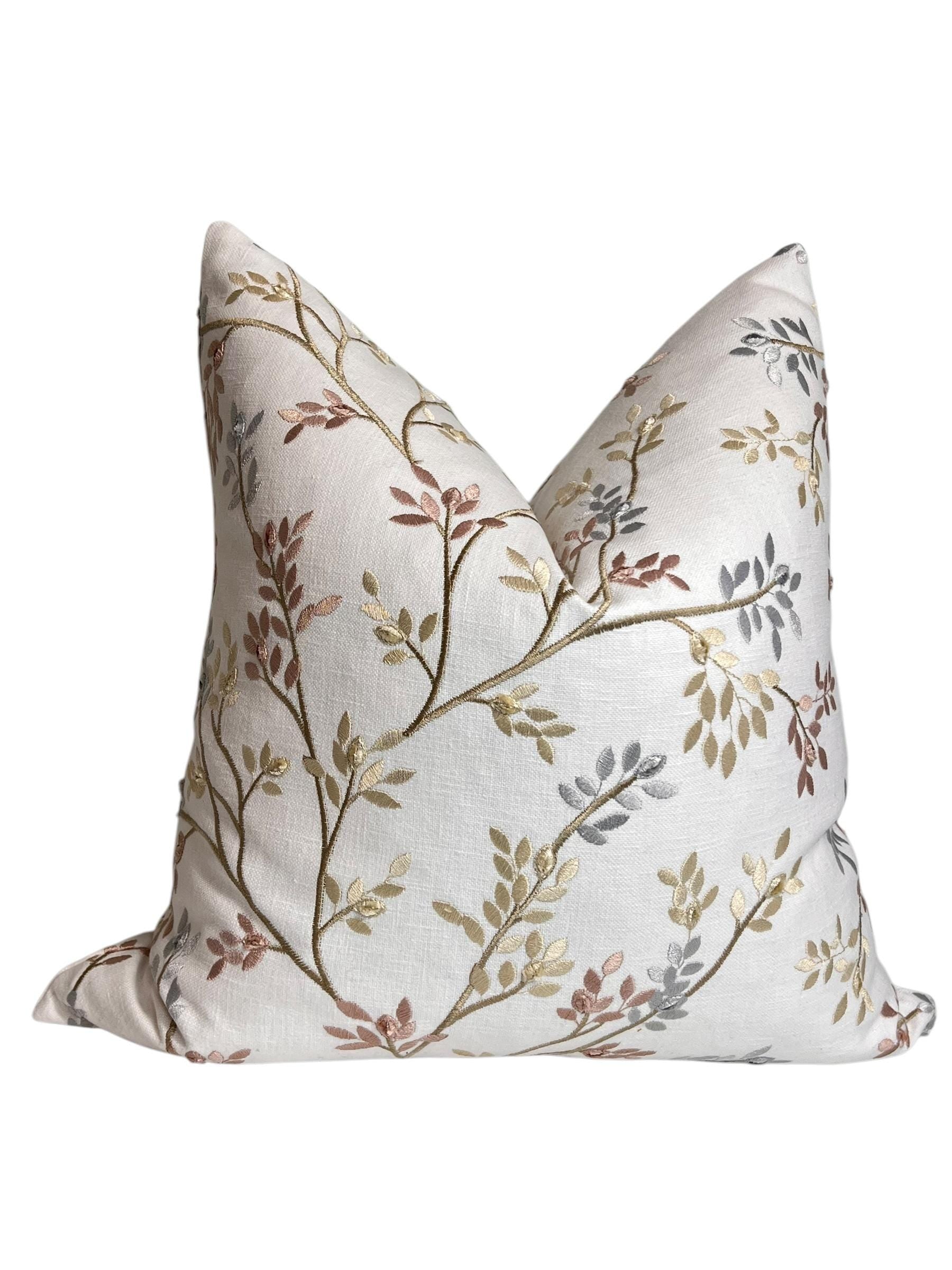 Embroidered Linen Pillow Cover, Botanical Vine Design, Handmade