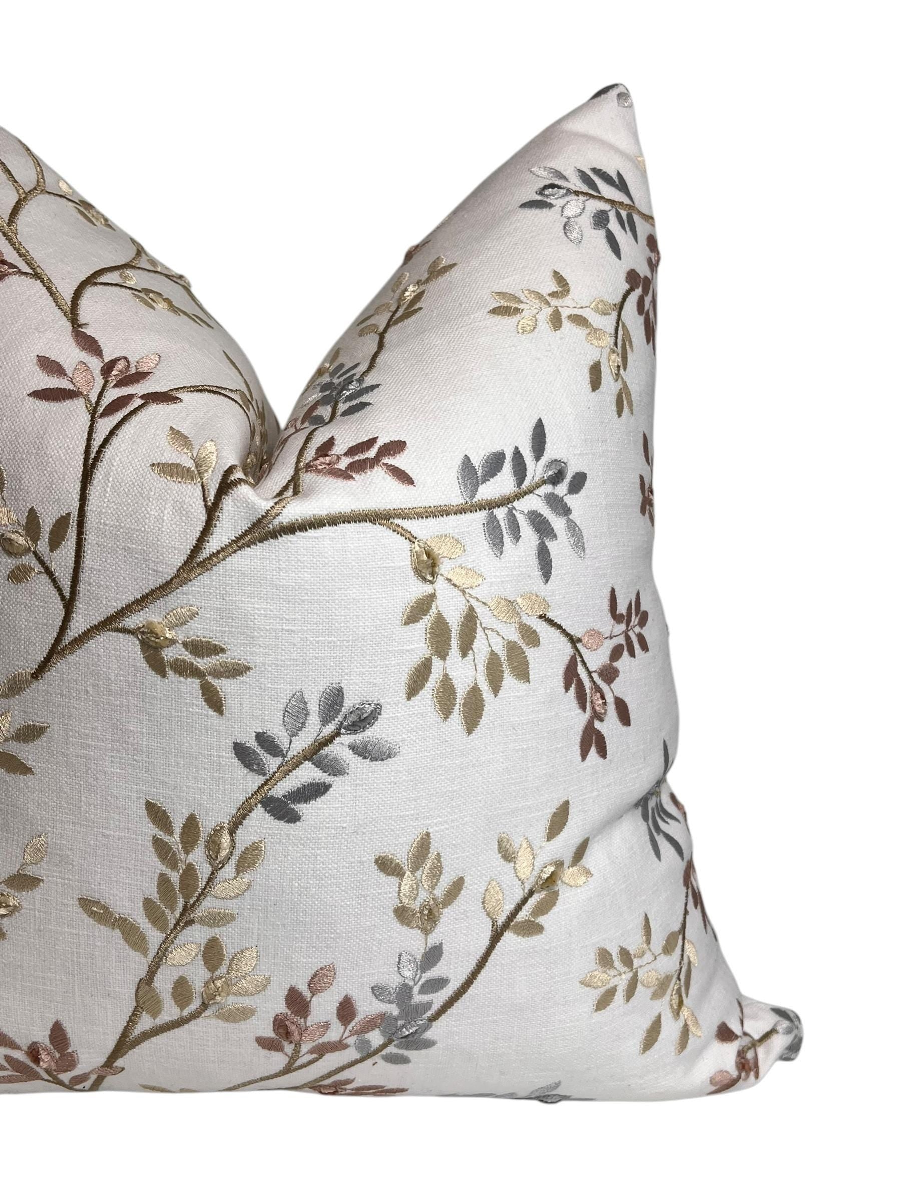Embroidered Linen Pillow Cover, Botanical Vine Design, Handmade