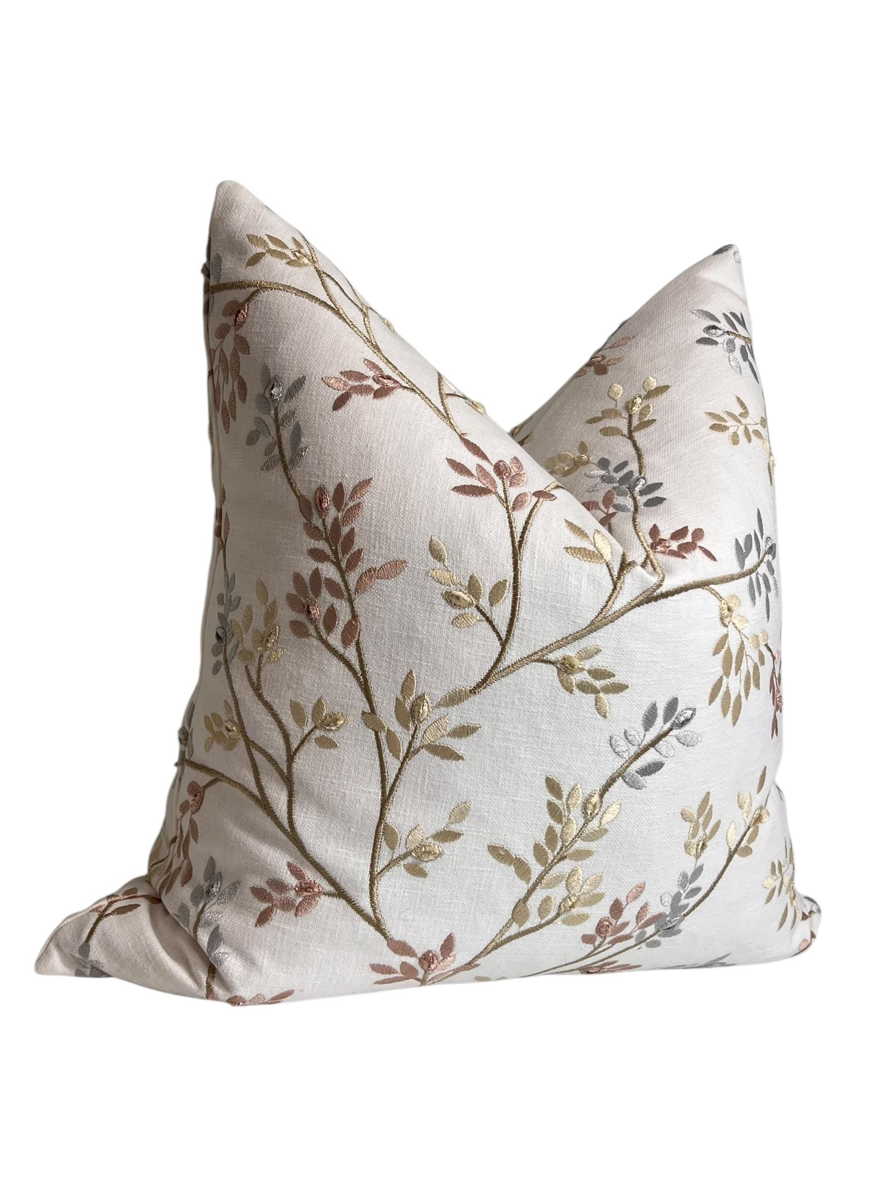 Embroidered Linen Pillow Cover, Botanical Vine Design, Handmade