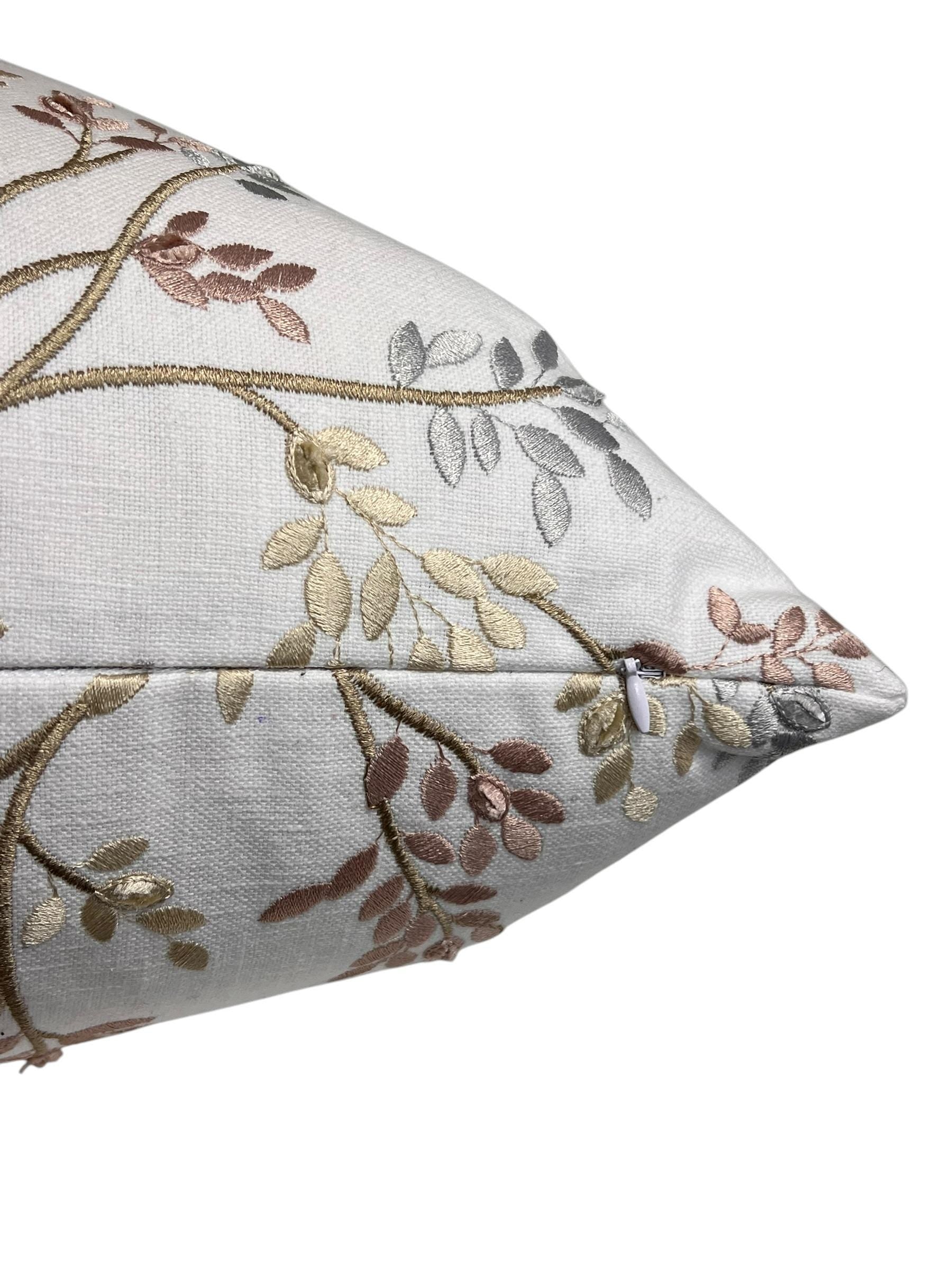 Embroidered Linen Pillow Cover, Botanical Vine Design, Handmade