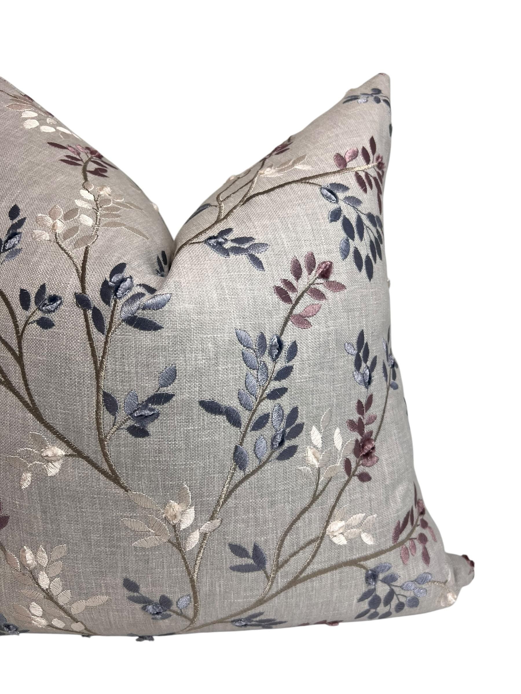 Embroidered Vine Pillow Cover, Botanical Embroidered Pillow, soft Linen throw Pillow, Handmade Branch Pillow Cover, Leaf embroidery Cushion