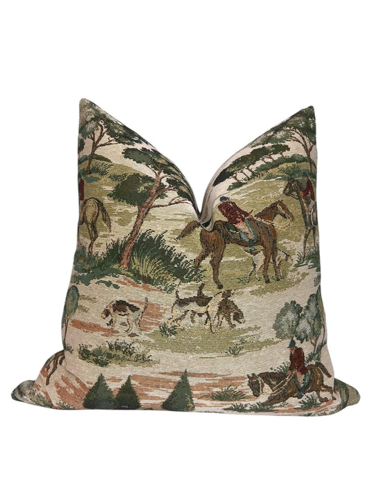 Equestrian Tapestry Pillow | Horse Hunting Scene Cushion | Hunting meadow Cushion | Vintage Horse & Hound Pillow Cover | Country Cushion
