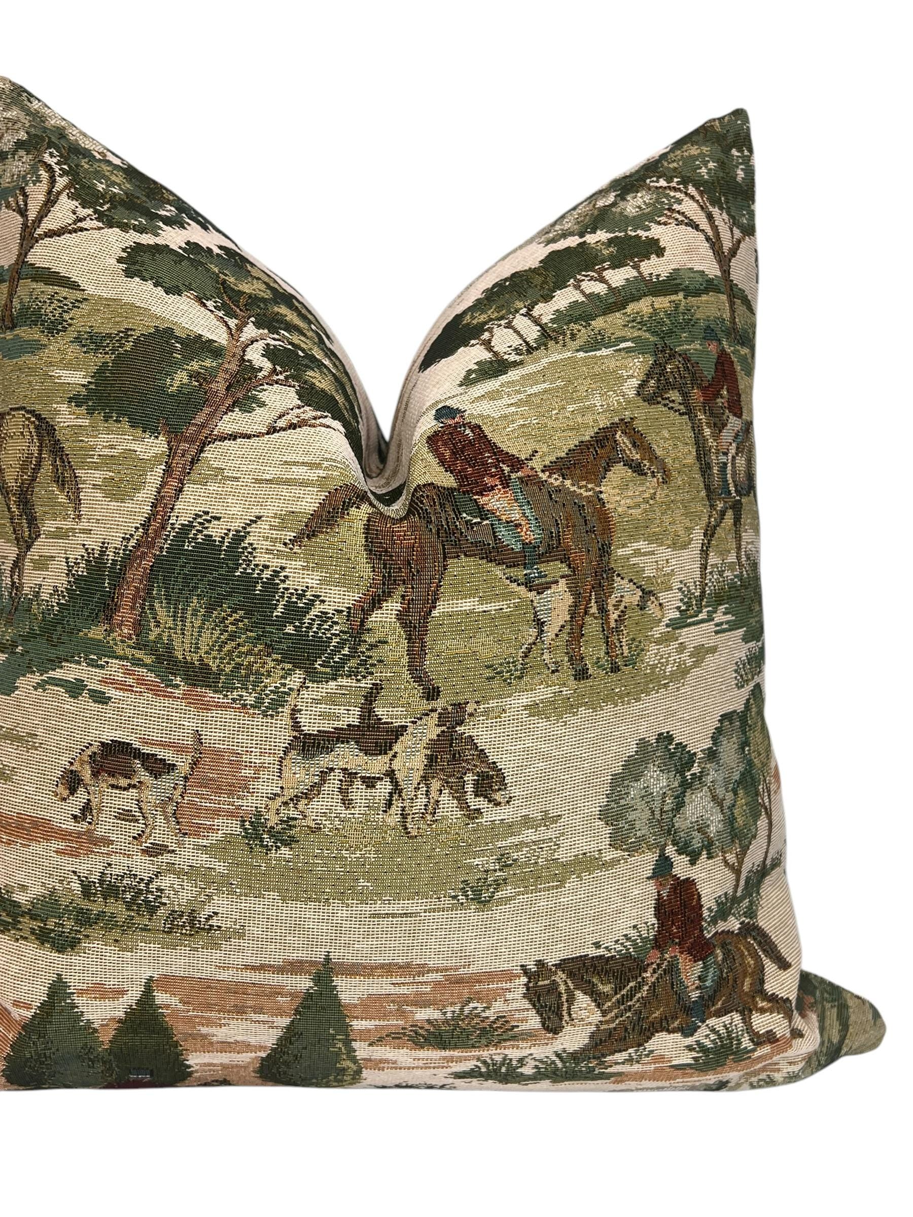 Equestrian Tapestry Pillow Cover | Vintage Horse Hunting Scene Cushion