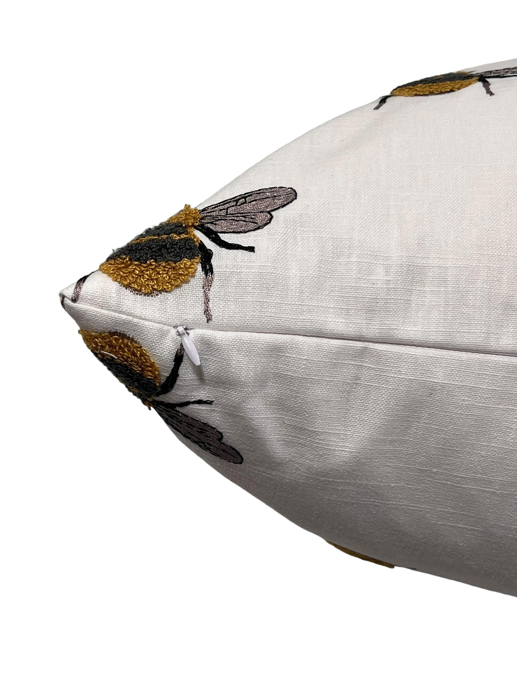 Handmade Embroidered Bumblebee Linen Pillow Cover, USA Made