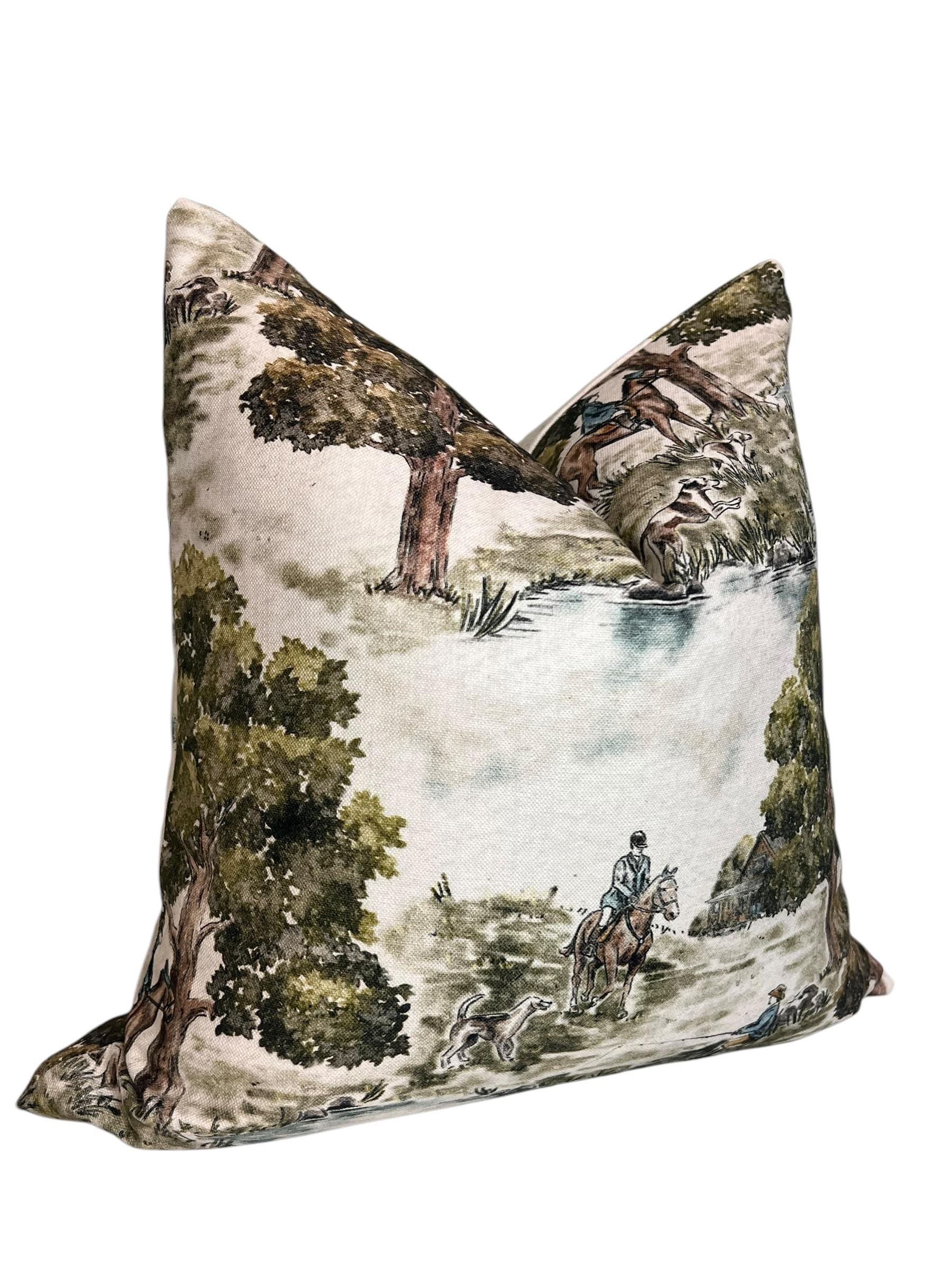 Equestrian Tapestry Pillow Cover | Vintage Horse & Hound Hunting Scene