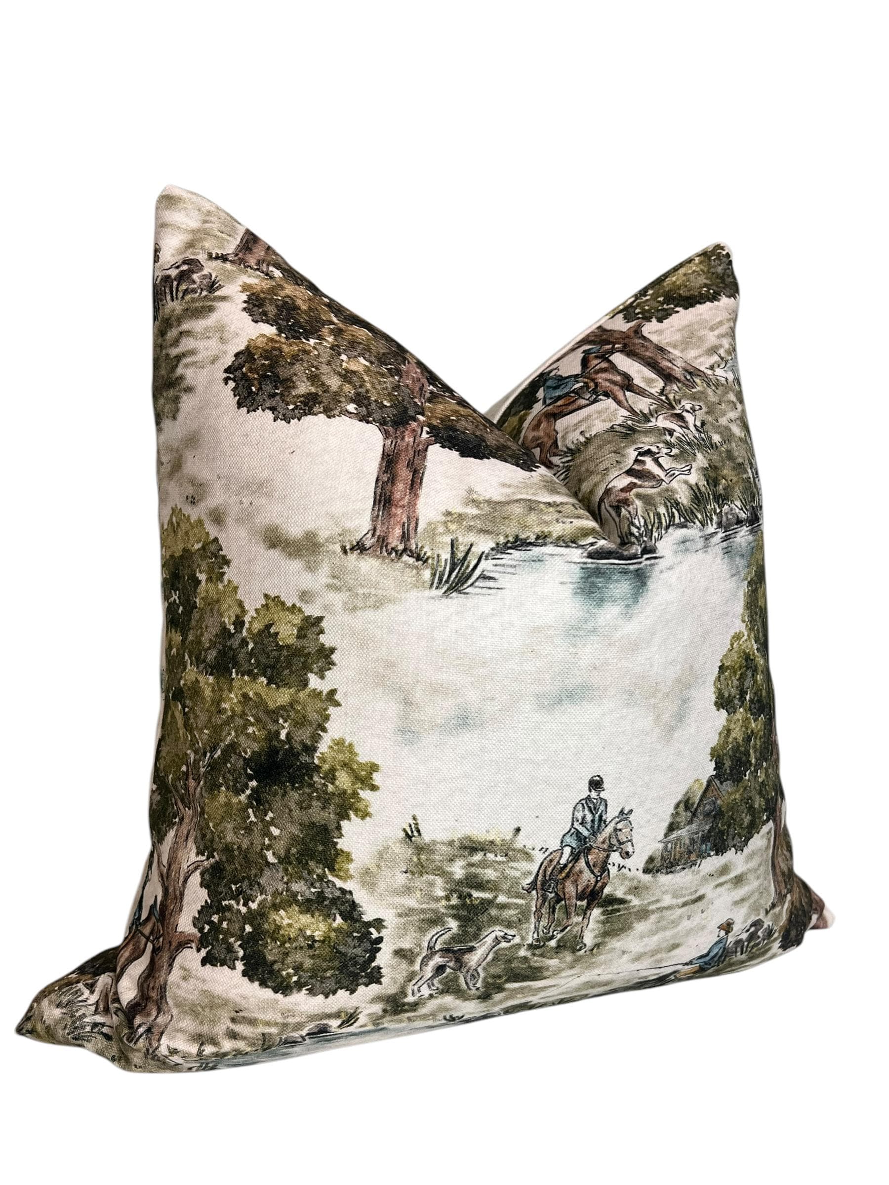 Equestrian Tapestry Pillow Cover | Vintage Horse & Hound Hunting Scene