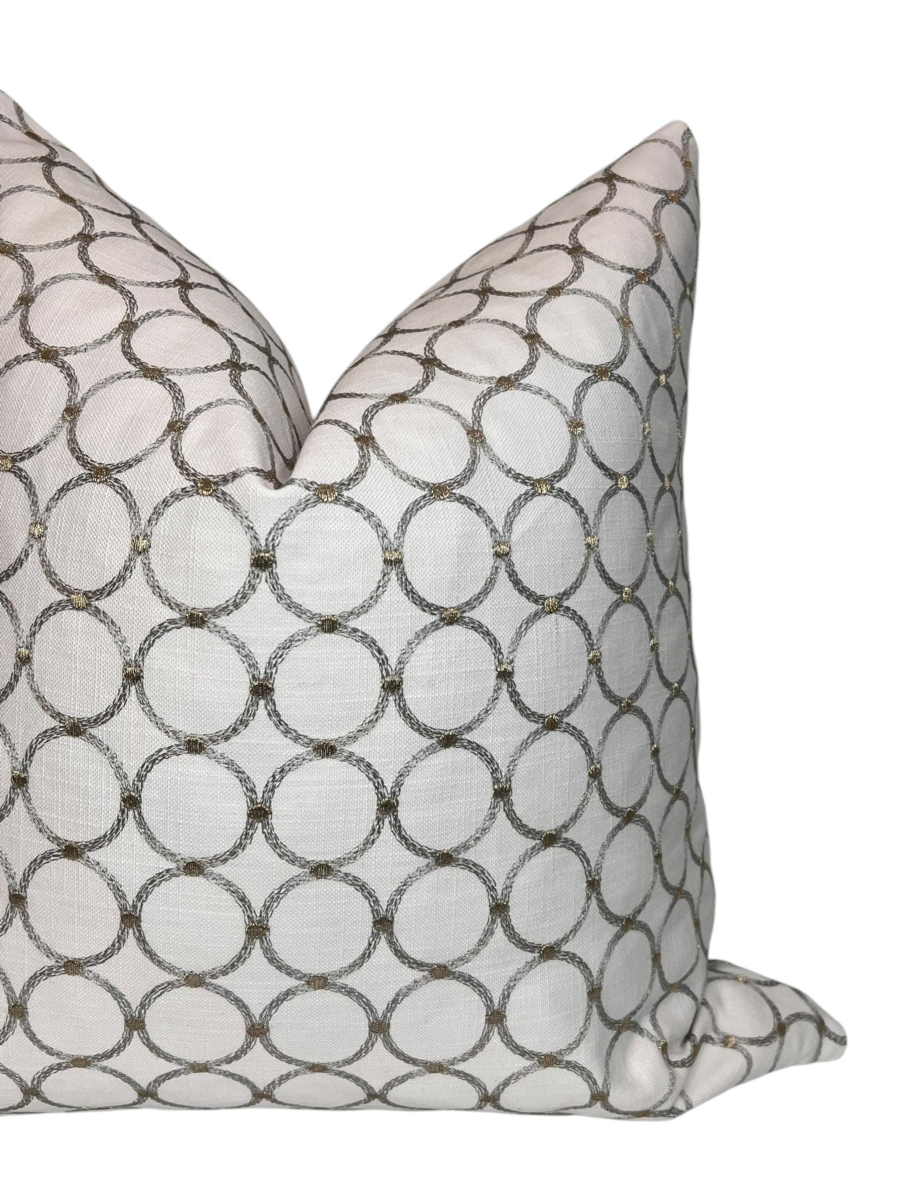 Geometric Embroidered Pillow Cover, Gold & Silver Ring Cushion, Handmade