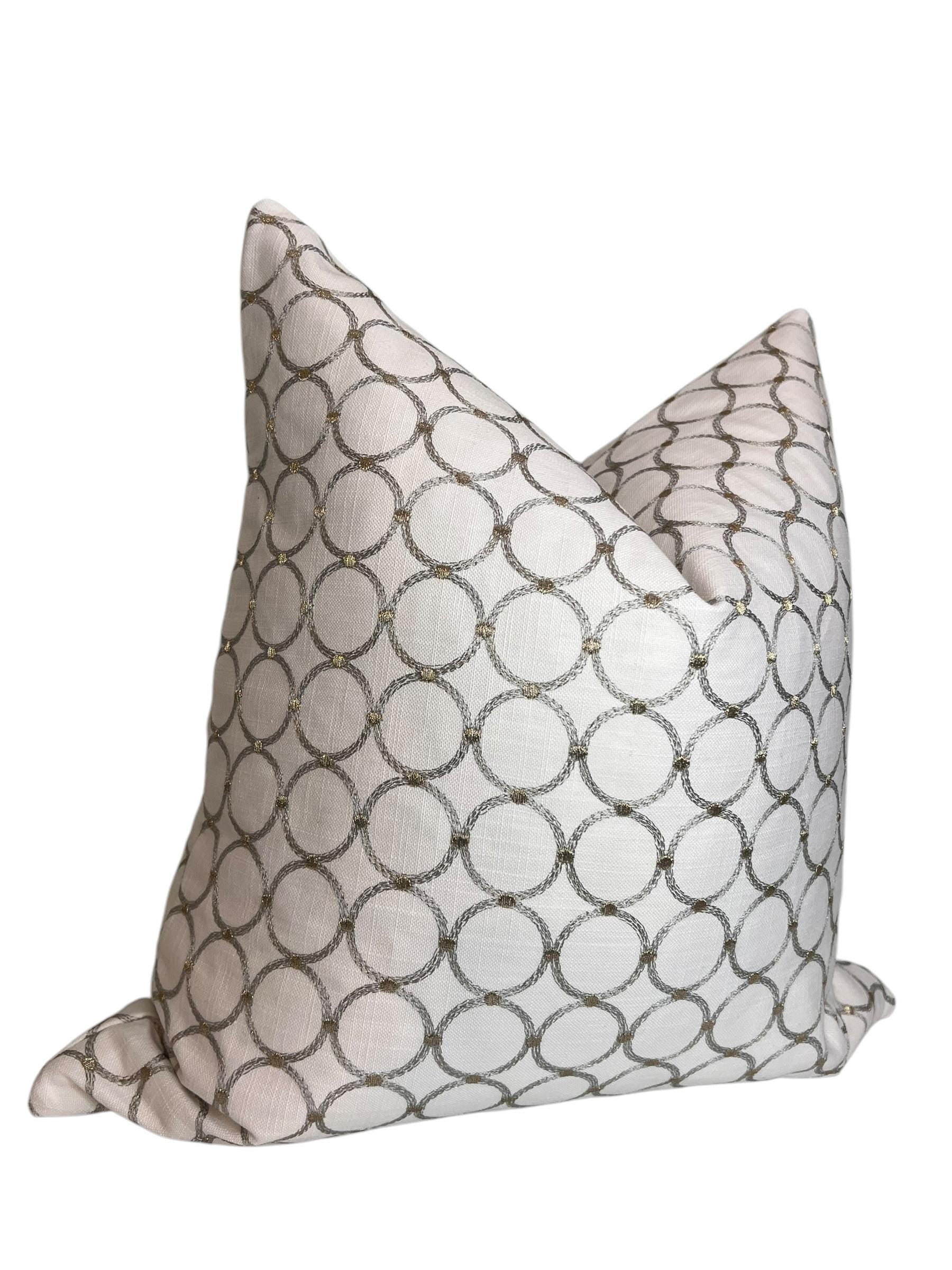 Geometric Embroidered Pillow Cover, Gold & Silver Ring Cushion, Handmade