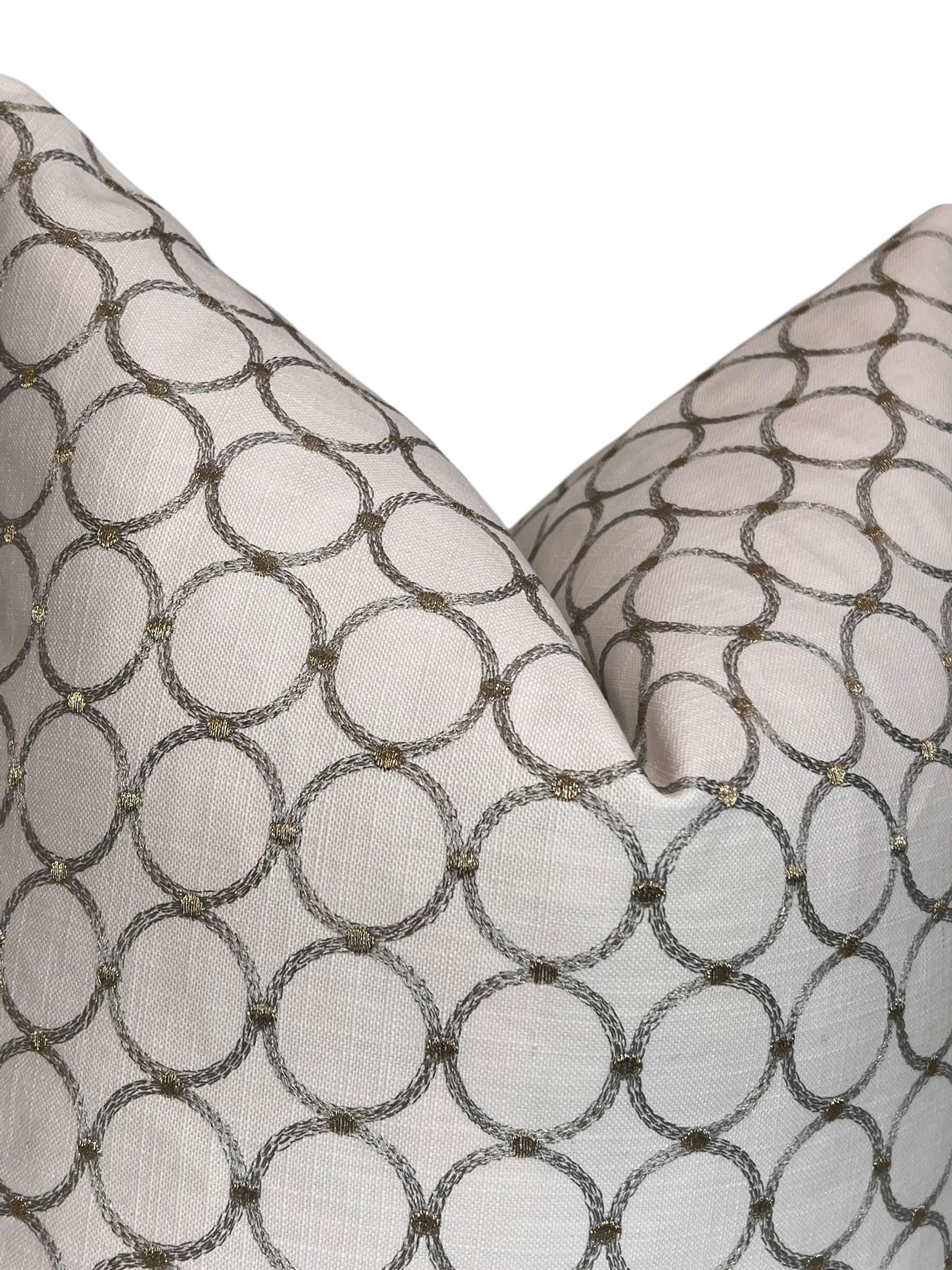 Geometric Embroidered Pillow Cover, Gold & Silver Ring Cushion, Handmade