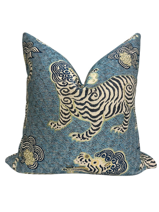 Oriental Tiger Pillow, Tiger dragon Chinoiserie Pillow,Azure Blue Katmandu Tibetan dragon Pillow Cover, Designer Pillow Cover, Foo dog