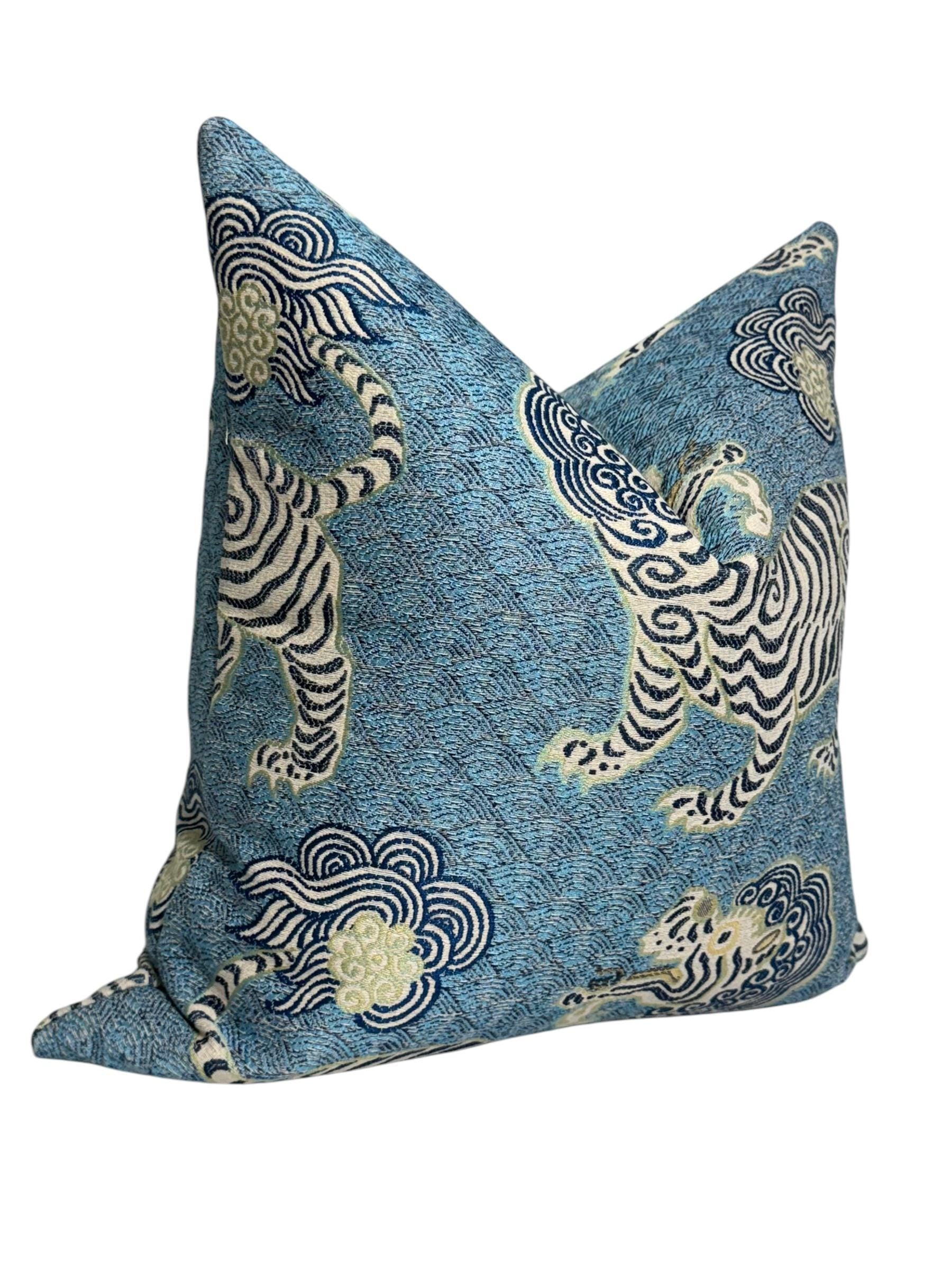 Oriental Tiger Pillow, Tiger dragon Chinoiserie Pillow,Azure Blue Katmandu Tibetan dragon Pillow Cover, Designer Pillow Cover, Foo dog