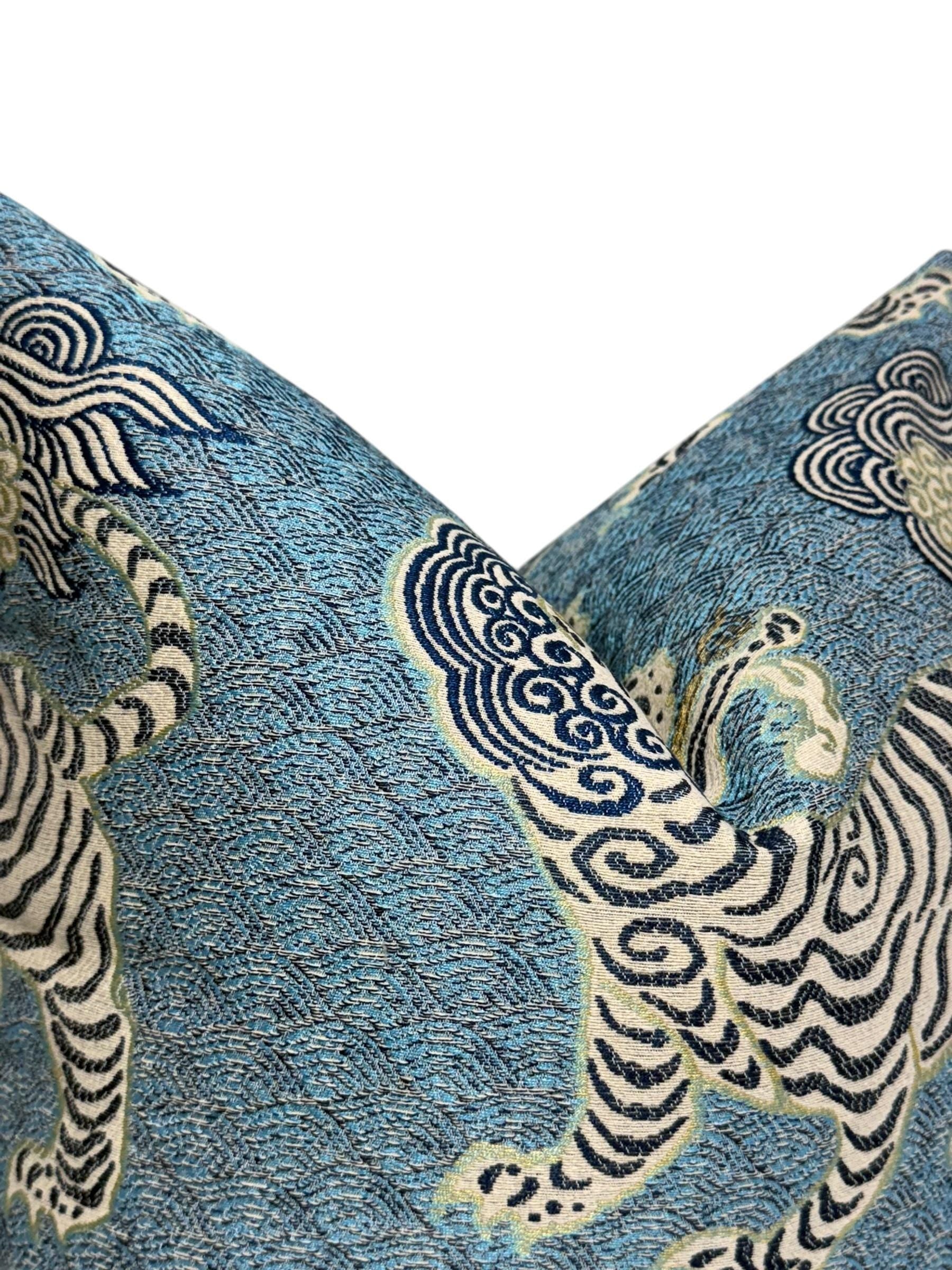 Oriental Tiger Pillow, Tiger dragon Chinoiserie Pillow,Azure Blue Katmandu Tibetan dragon Pillow Cover, Designer Pillow Cover, Foo dog