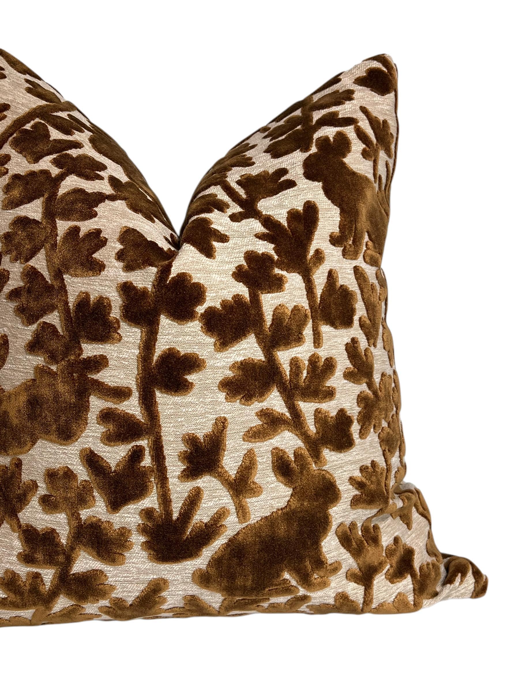 Brown "luv bunny rabbit velvet Pillow Cover, botanical Rabbit Pillow Cover, Easter Throw Pillow Cover, cut Velvet throw Pillow Cushion