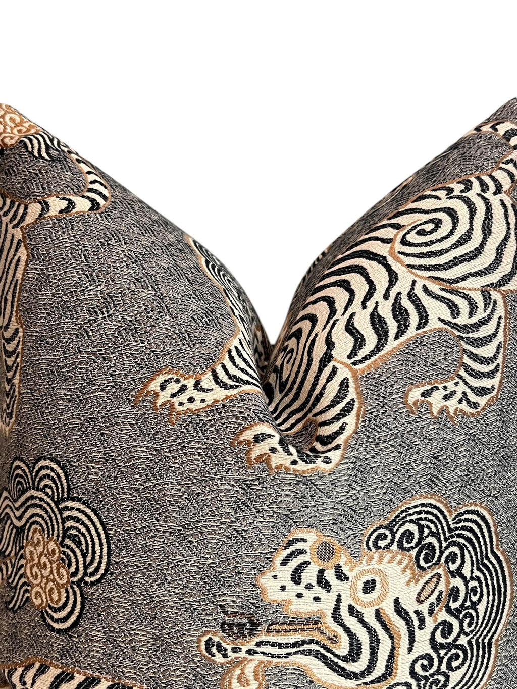 Tiger dragon Chinoiserie Pillow, Grey Katmandu Tibetan dragon Pillow Cover, Designer Pillow Cover, Oriental Tiger Pillow, Foo dog Pillow