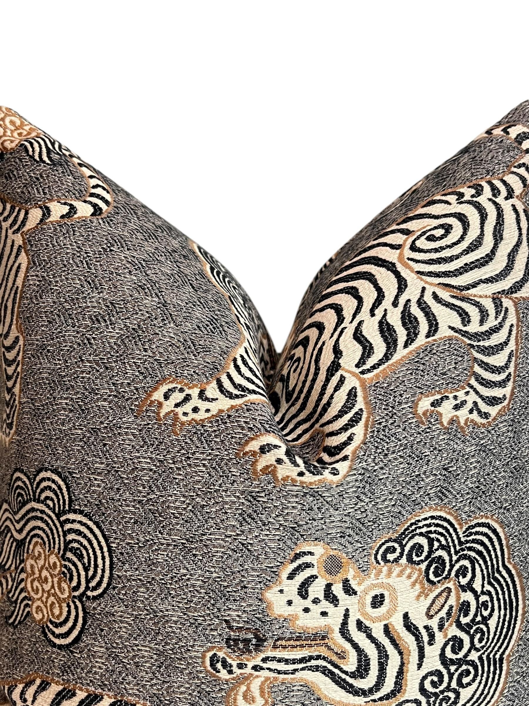 Tiger dragon Chinoiserie Pillow, Grey Katmandu Tibetan dragon Pillow Cover, Designer Pillow Cover, Oriental Tiger Pillow, Foo dog Pillow