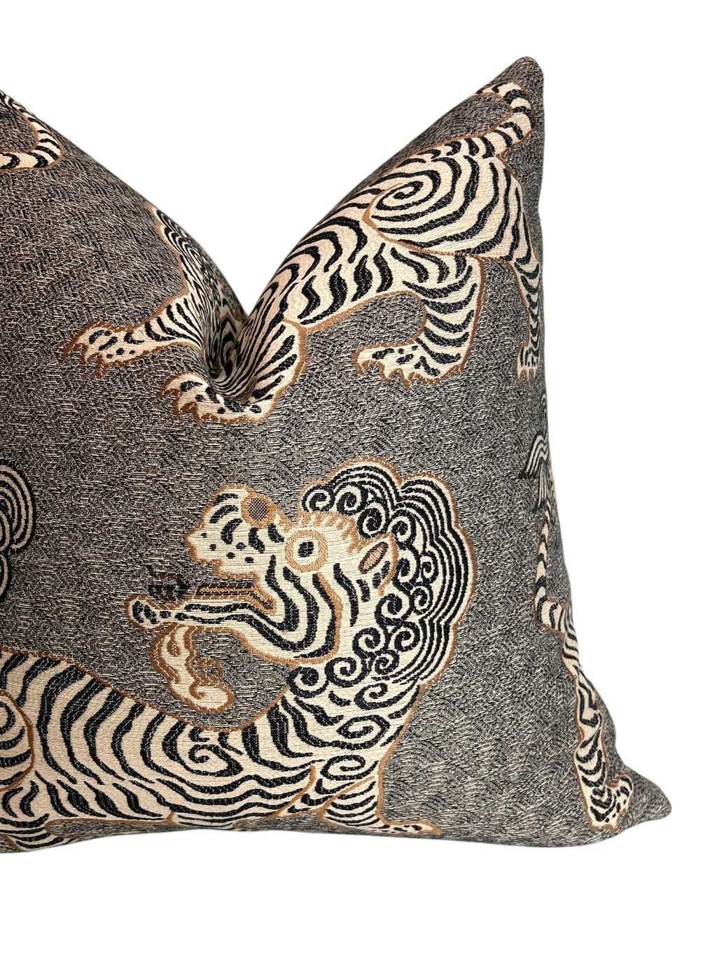 Tiger dragon Chinoiserie Pillow, Grey Katmandu Tibetan dragon Pillow Cover, Designer Pillow Cover, Oriental Tiger Pillow, Foo dog Pillow