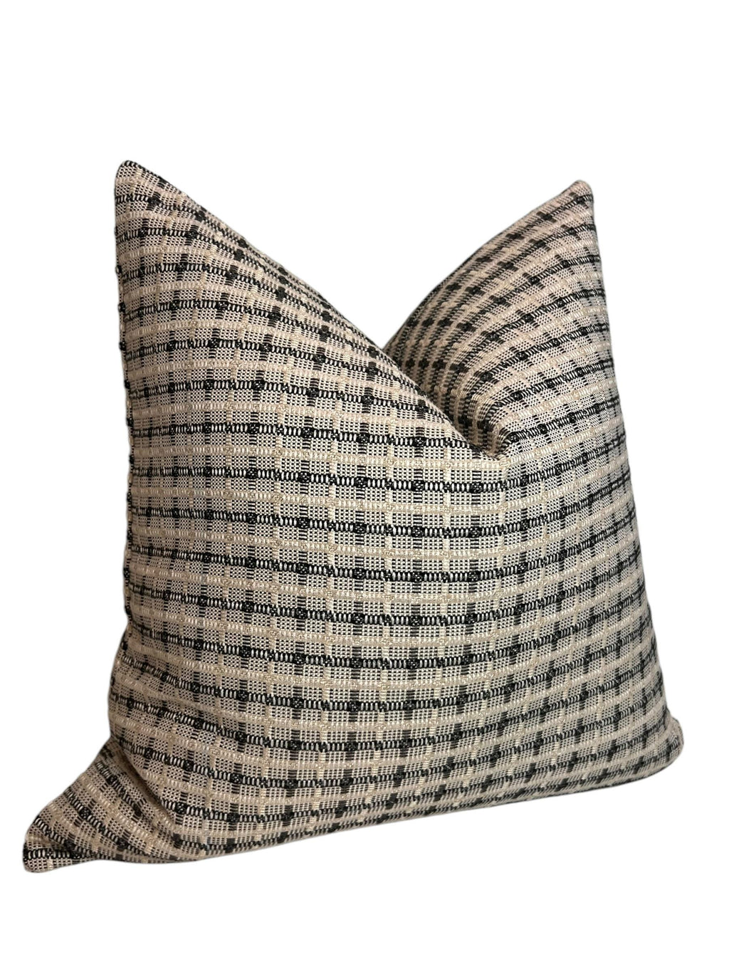 Handwoven Black and Beige Plaid Pillow Cover, Rustic Farmhouse Cushion