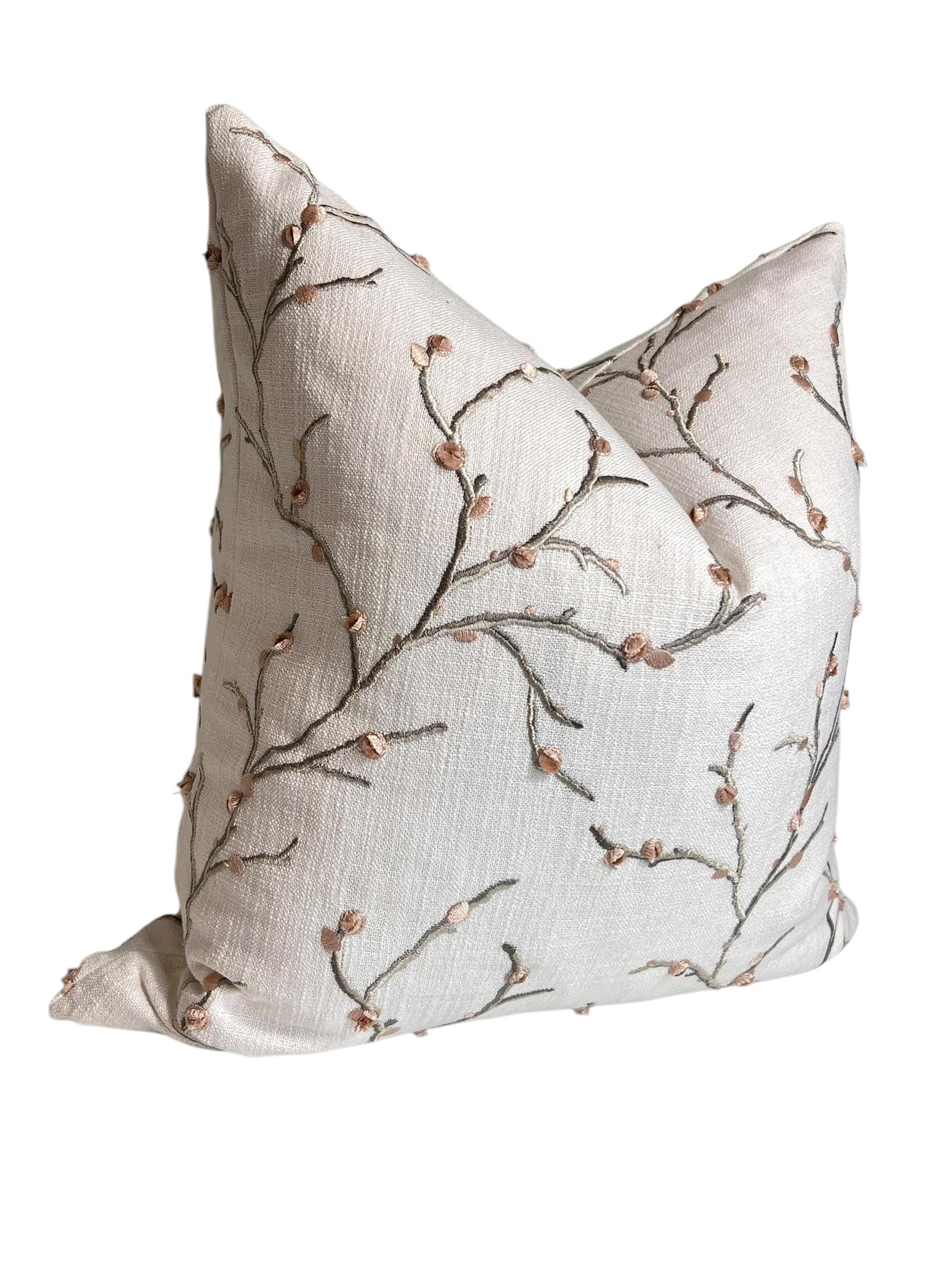 Embroidered Cherry Blossom Pillow Cover | Linen Blend Cushion, Handmade