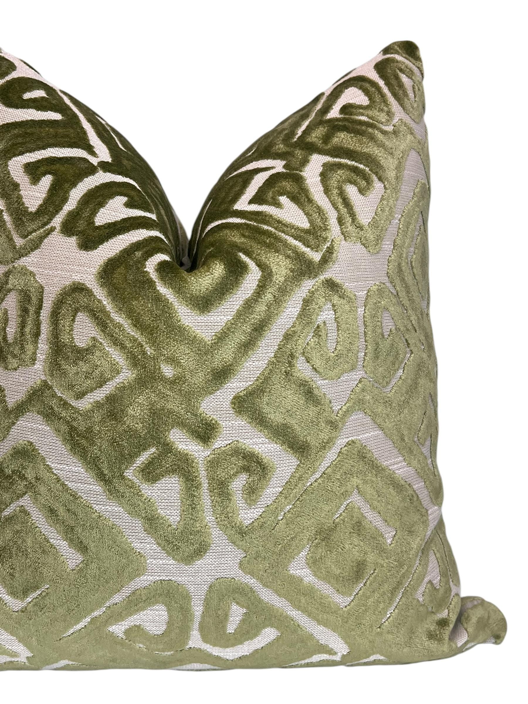 Chartreuse Green Designer Cut Velvet Throw Pillow Cover Green Velvet Geometric Pillow, Abstract Velvet Pillow, tribal Inspired velvet Pillow