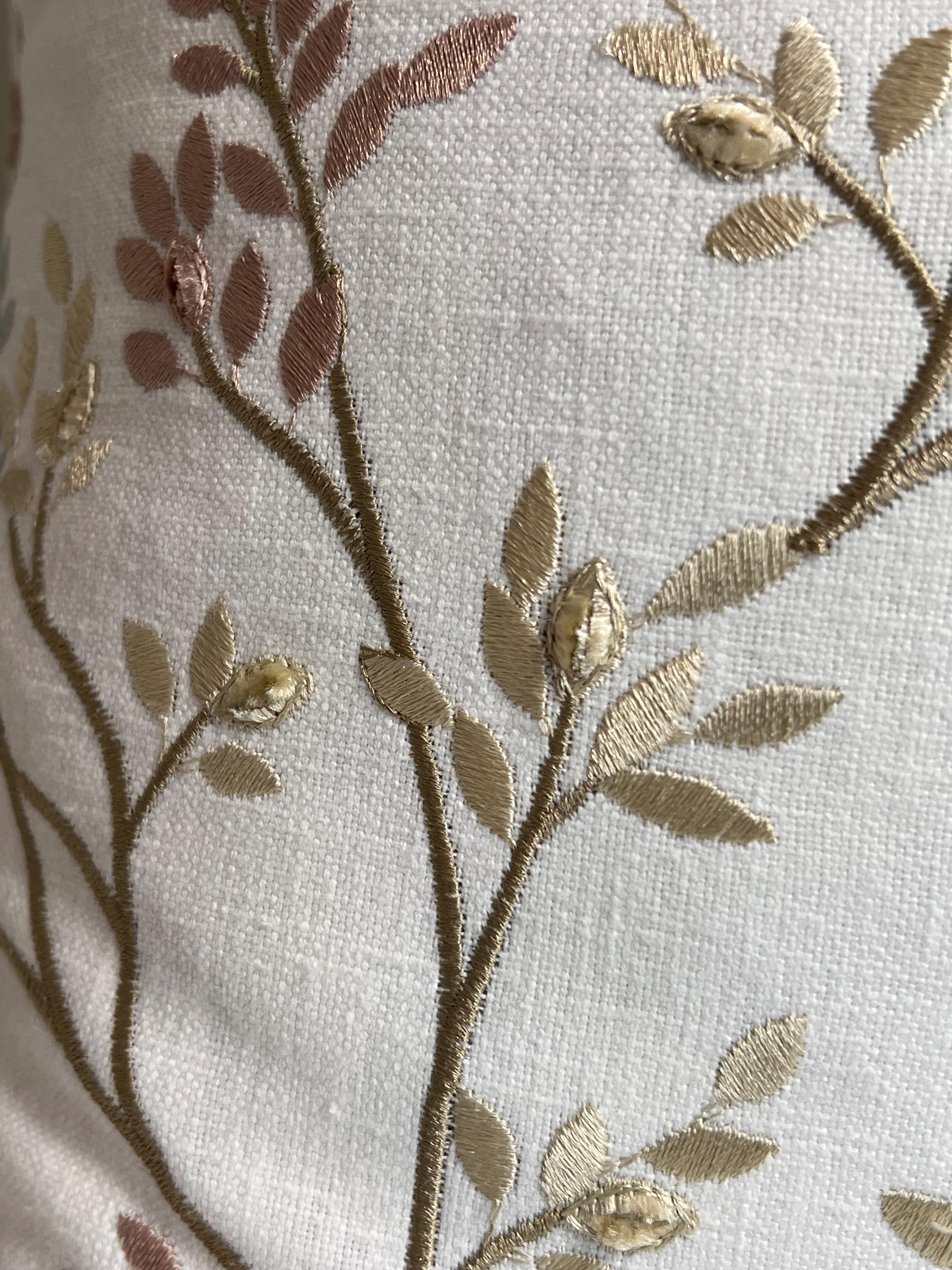 Embroidered Linen Pillow Cover, Botanical Vine Design, Handmade